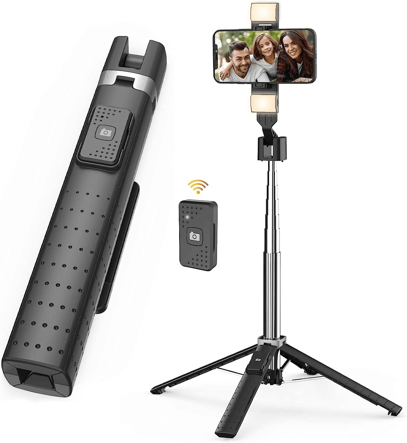 Detalle de Selfie Stick Tripod Quadrapod with Fill Light and Bluetooth Remote – 4-Leg Stability, Stainless Steel, iPhone & Android