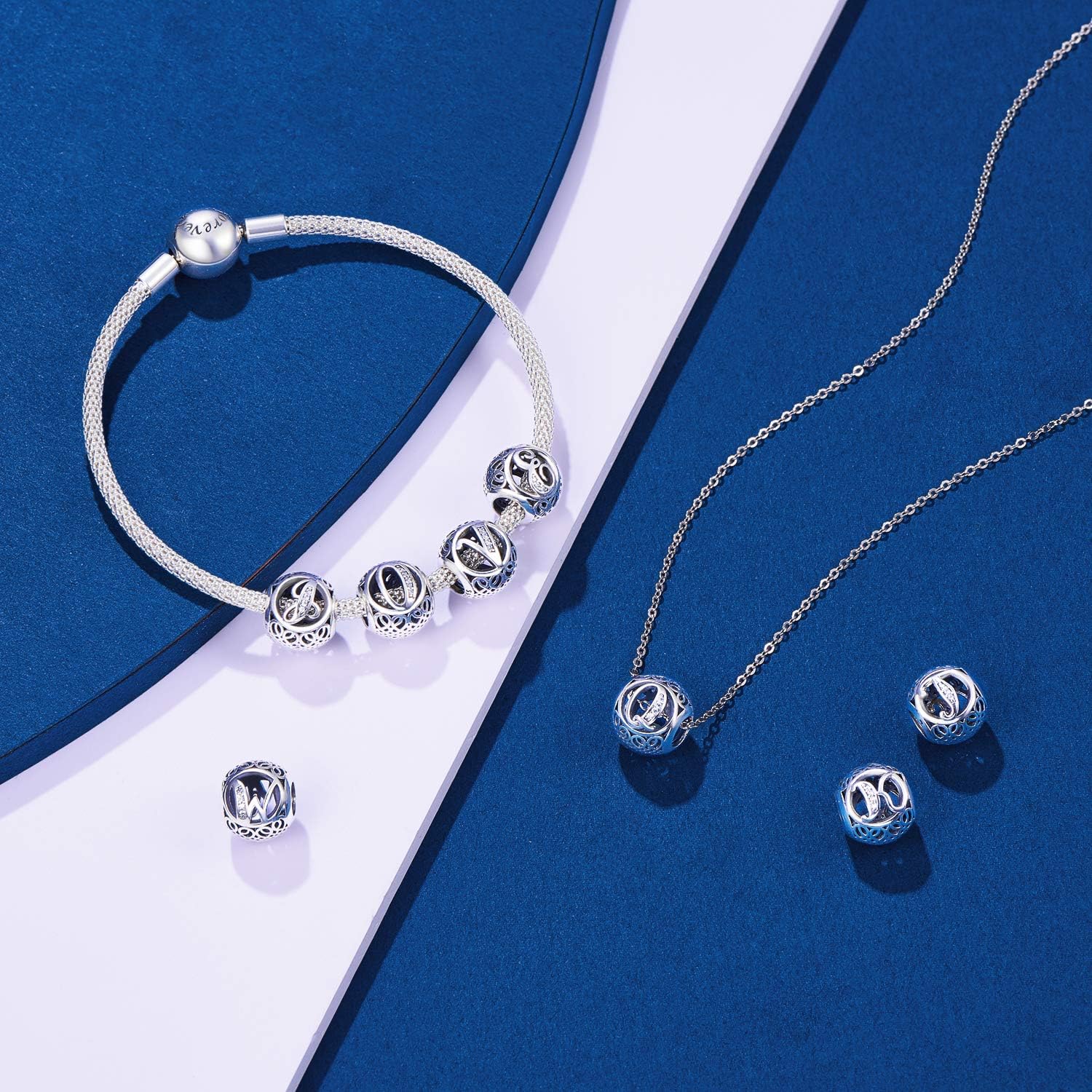 Thumbnail 1 de NINGAN 925 Charms dell'alfabeto in argento sterling A-Z — Bracciale e Collana con ciondolo, regalo elegante per la famiglia e gli amici