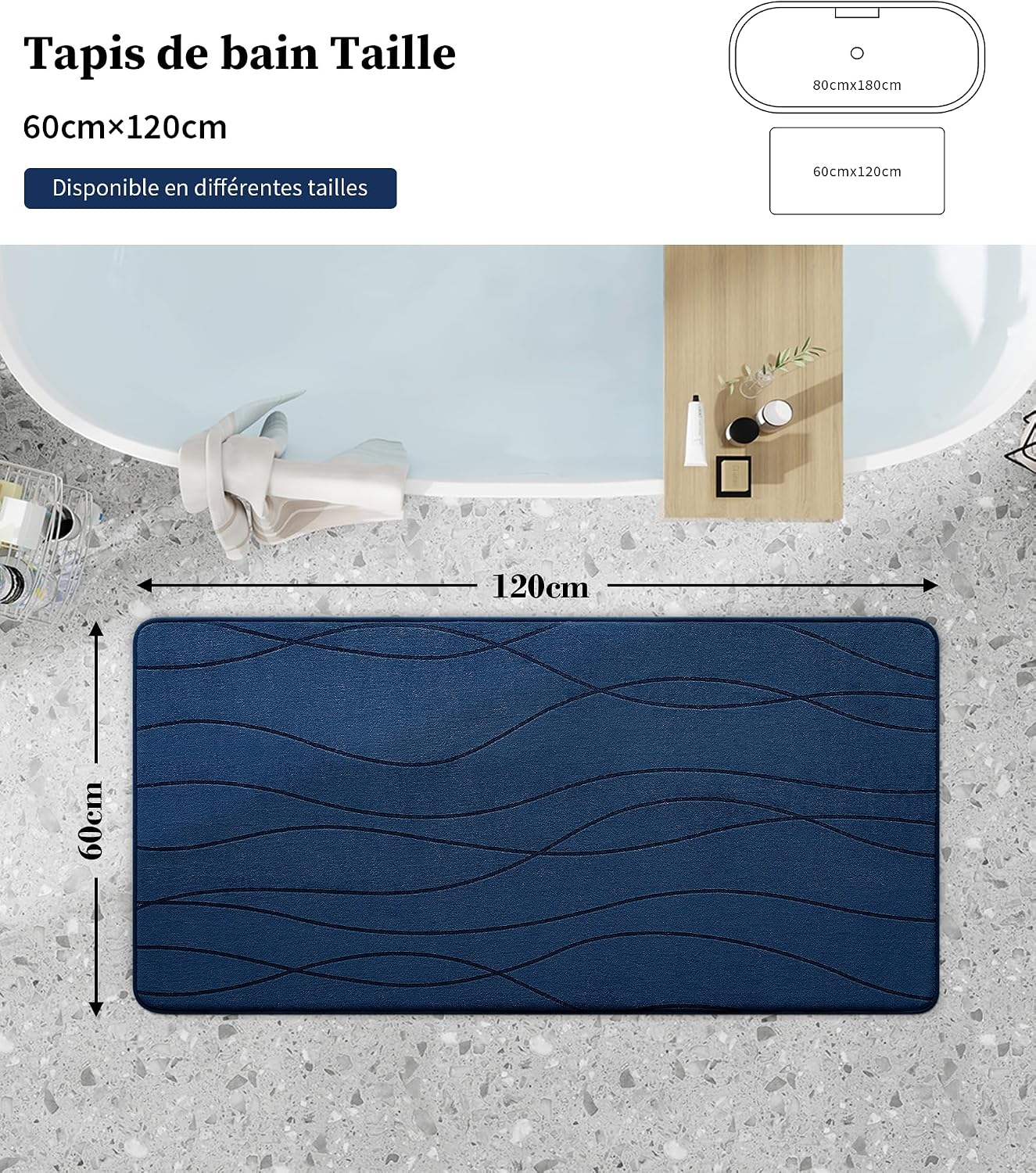 Thumbnail 1 de chakme Tapis de bain en mousse à mémoire de forme, 60 x 120 cm, bleu foncé — antidérapant et absorbant