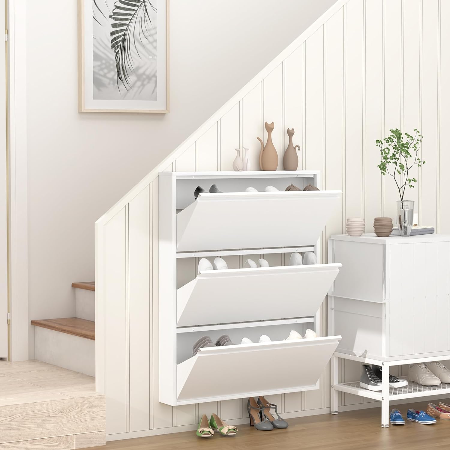 Thumbnail 5 de GREATMEET S-WHITE3 Metal Shoe Cabinet, 3 Flip Drawers, White