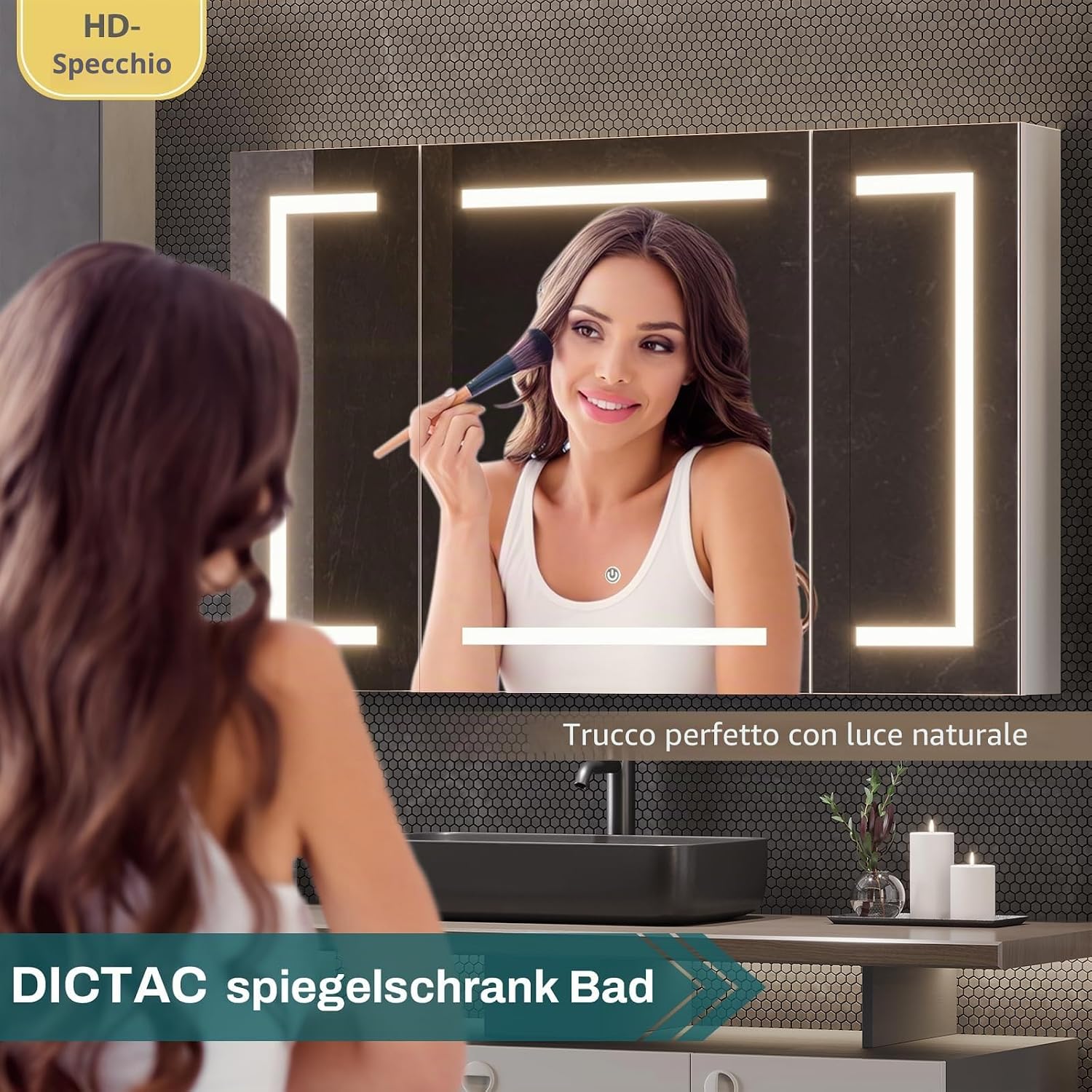 Detalle de DICTAC Specchio Bagno Contenitore con Luce e Presa, 100x60x13,5 cm – Armadietto a Specchio con Illuminazione LED