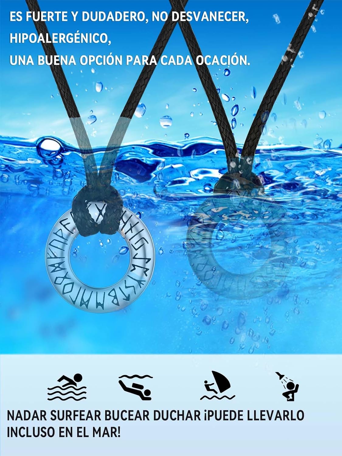 Thumbnail 6 de FaithHeart Collar Vikingo con runas en acero inoxidable 316L (negro, círculo pequeño) para hombre y mujer