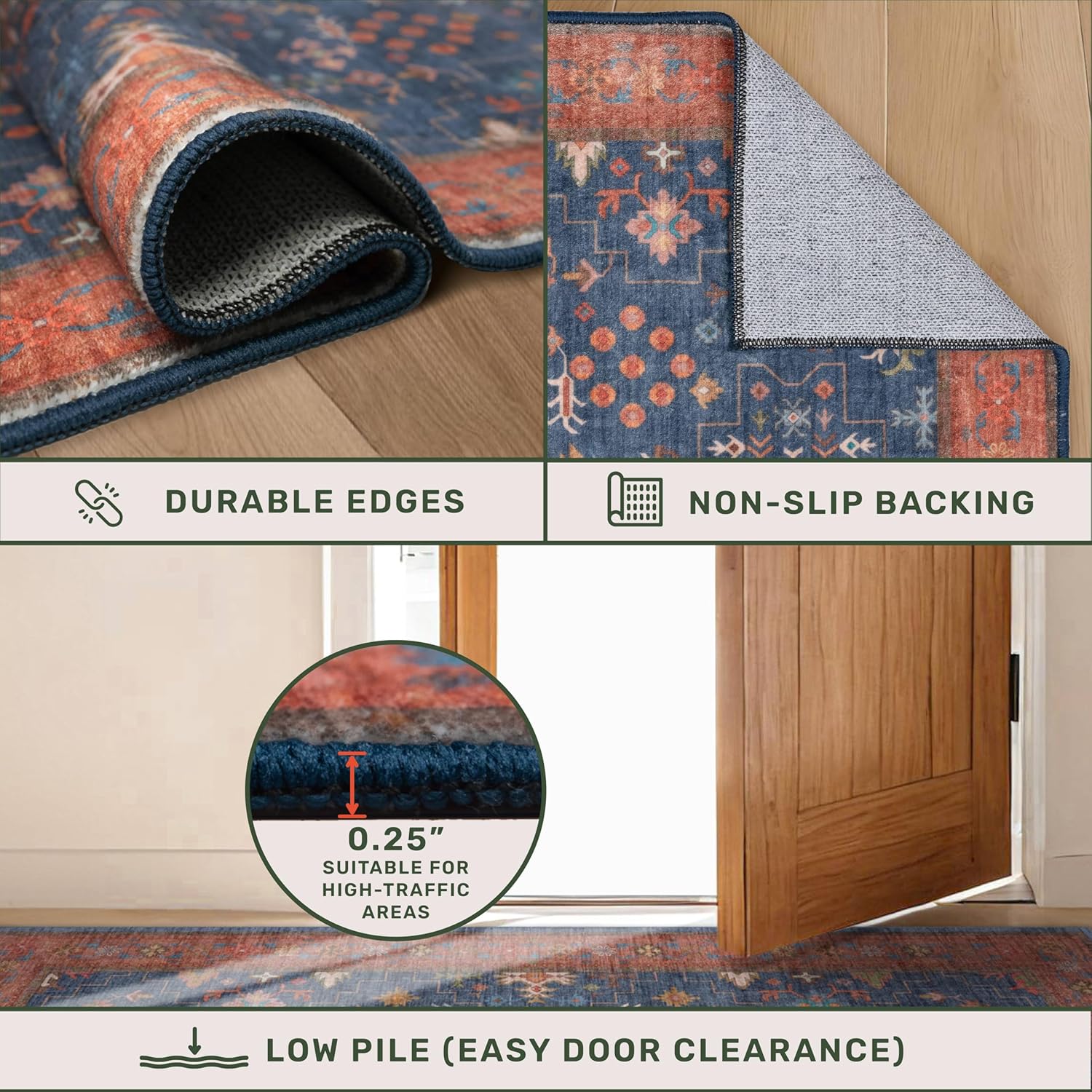 Detalle de Navy Blue Area Rug 9x12: Washable, Non-Slip, Low-Pile Boho Living Room & Dining Room Rug