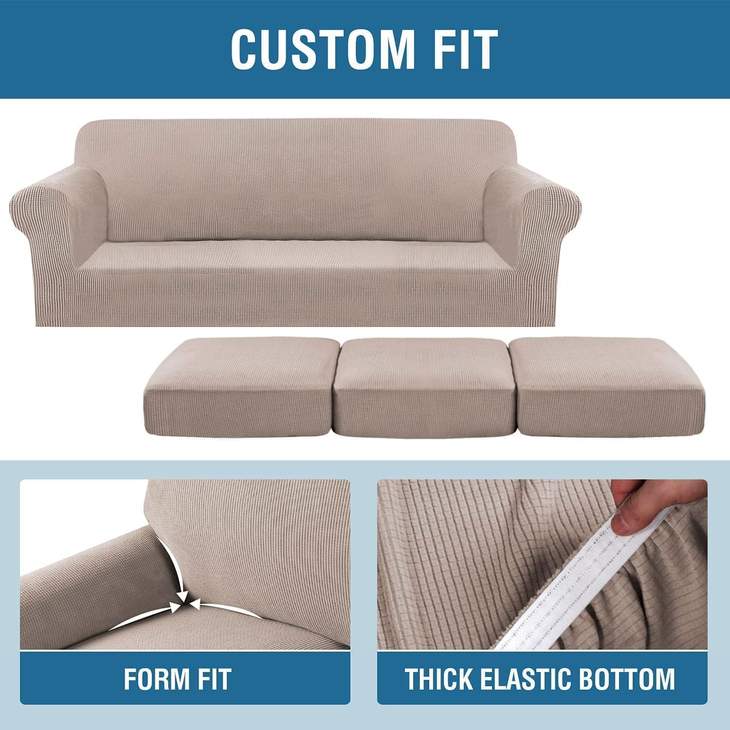 Thumbnail 3 de H.VERSAILTEX 4 Piece Stretch Sofa Covers for 3 Cushion Couch – Thick Jacquard, Sand