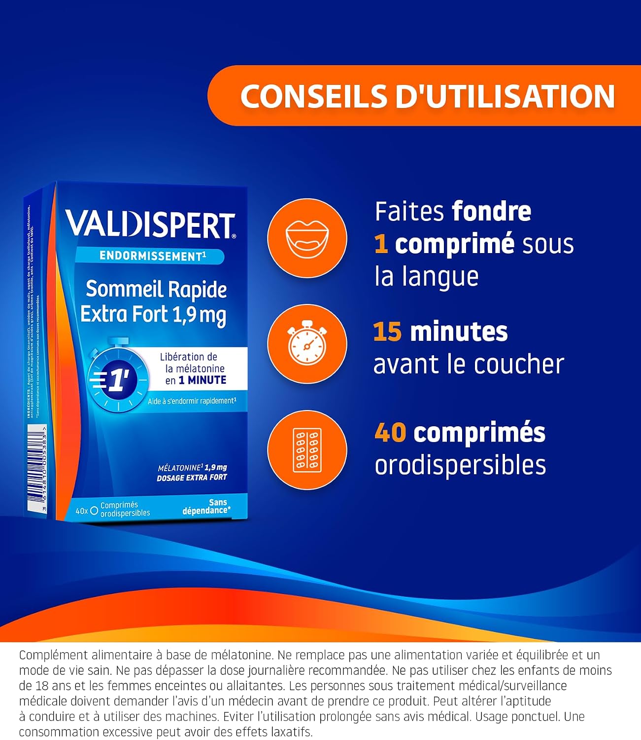Detalle de VALDISPERT Sommeil Rapide Mélatonine Extra Fort 1,9 mg – 40 nuits