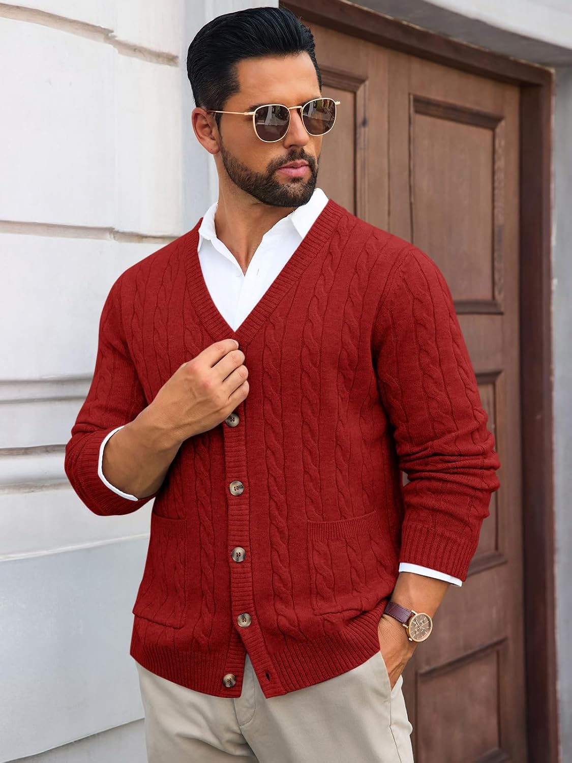 Detalle de Runcati Men's Cable-Knit Cardigan Sweater