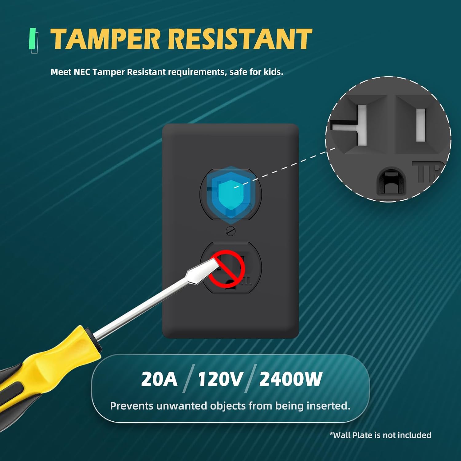 Detalle de TOPELER YSR020-BK 20-Pack 20A Black Tamper-Resistant Outlets