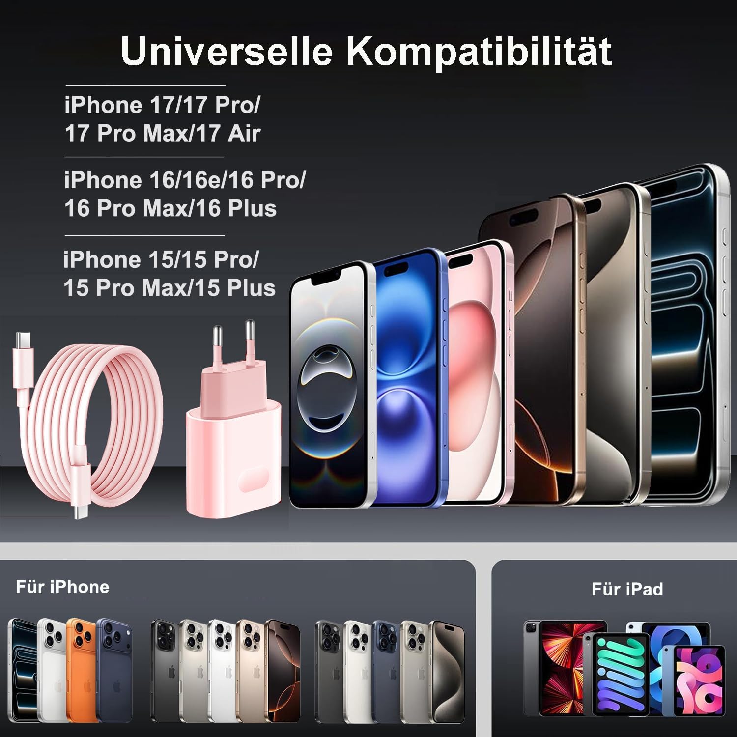 Detalle de USB‑C Ladegerät & USB‑C Ladekabel 25 W (2er‑Pack) für iPhone, iPad und mehr – mit 2 m Kabel