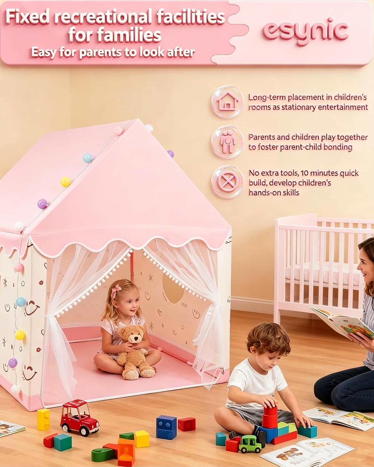 Detalle de eSynic XL-Pink003 kindertent met led-lichtketting en metalen frame