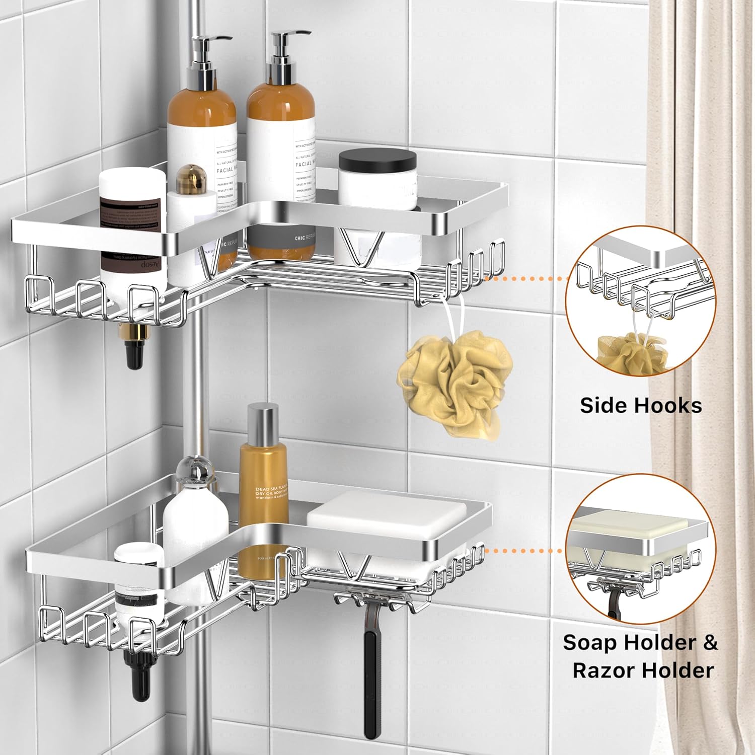 Thumbnail 2 de Kegii Telescopic Shower Caddy Corner Storage with 4 Baskets (No-drill) – Silver