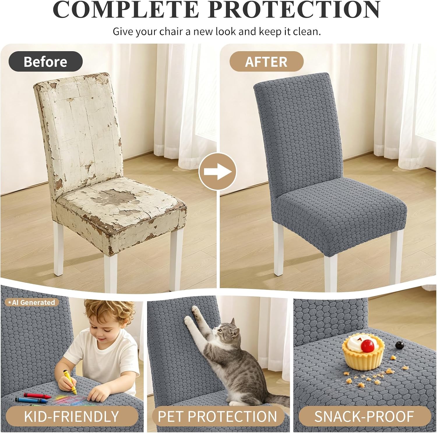 Detalle de Housse de Chaise Élastique Antitache Ystyle – 6 pièces, Gris Clair, Haute Élasticité