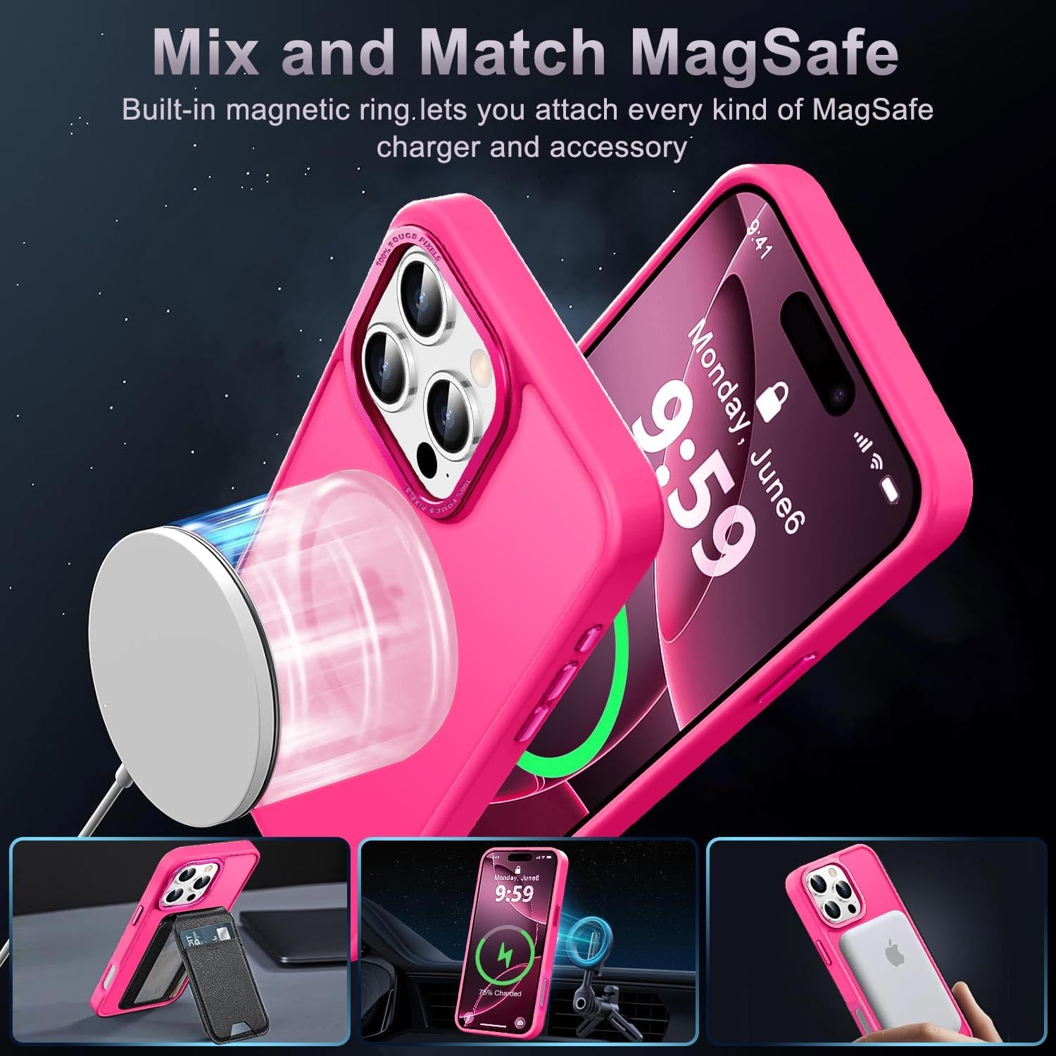 Detalle de Newfuture MagSafe Case for iPhone 16 Pro – Hot Pink, Slim, 13 FT Drop Protection