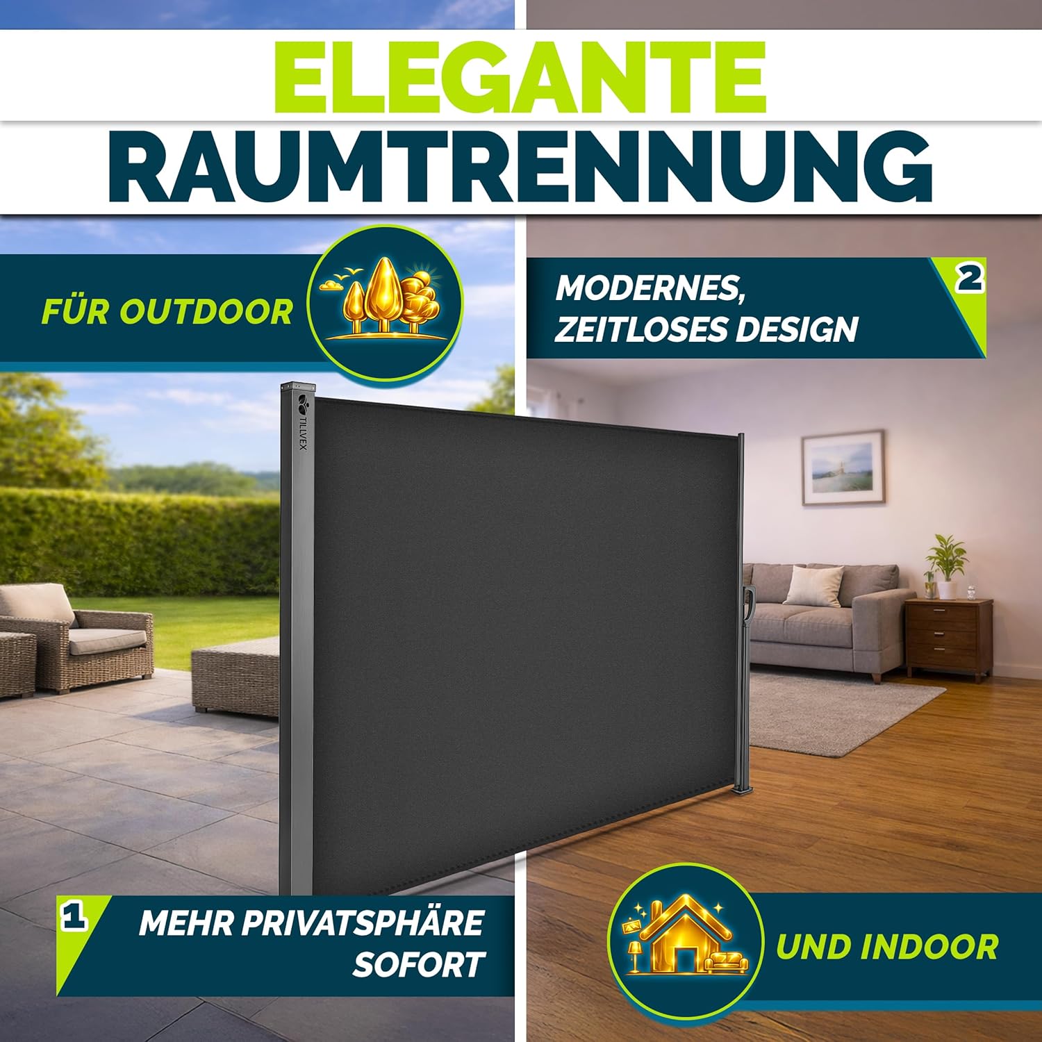 Thumbnail 5 de tillvex Seitenmarkise 160 x 350 cm – Ausziehbar, blickdicht mit Regencover, Wandhalterung