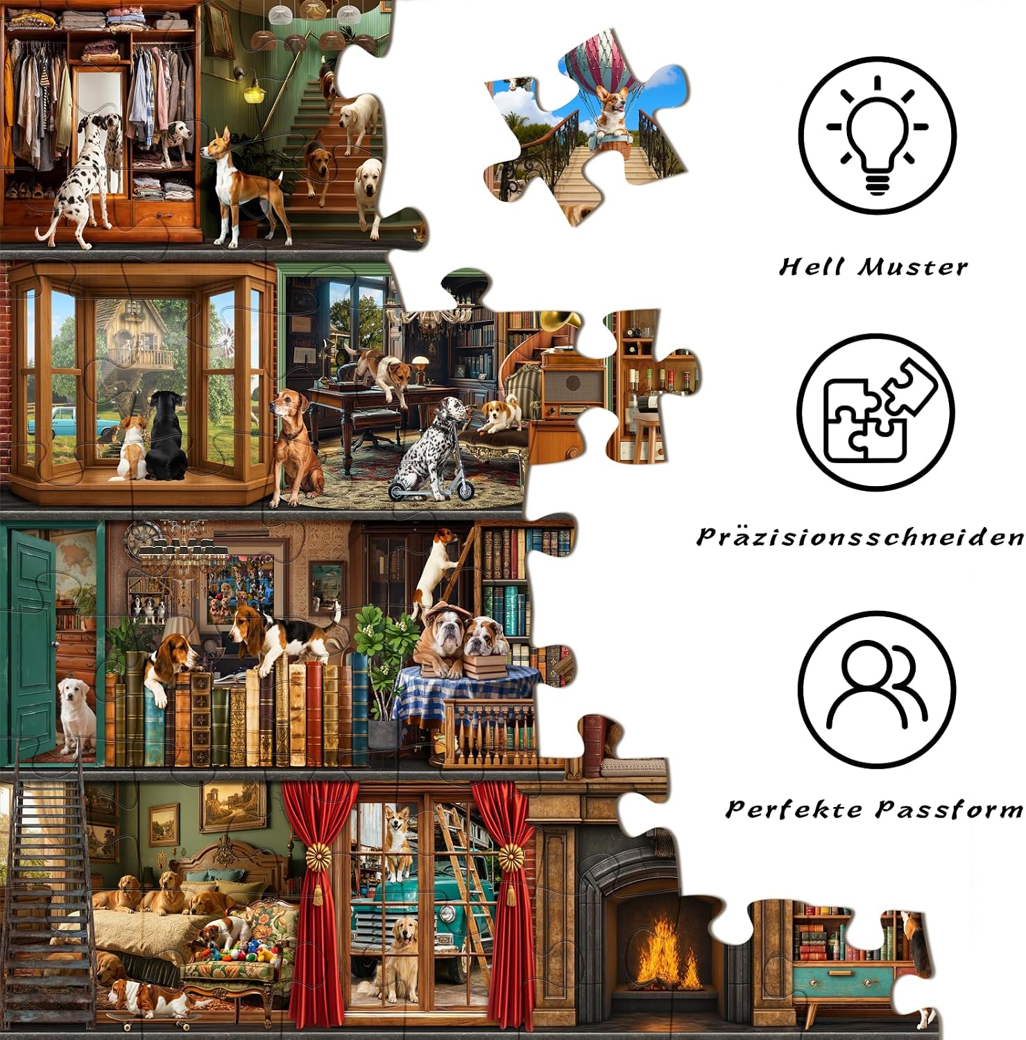 Thumbnail 6 de HUADADA Puzzle 1000 Teile: Tiere‑Familieninteraktives Puzzle – Hundeleben Theater, 70 × 50 cm
