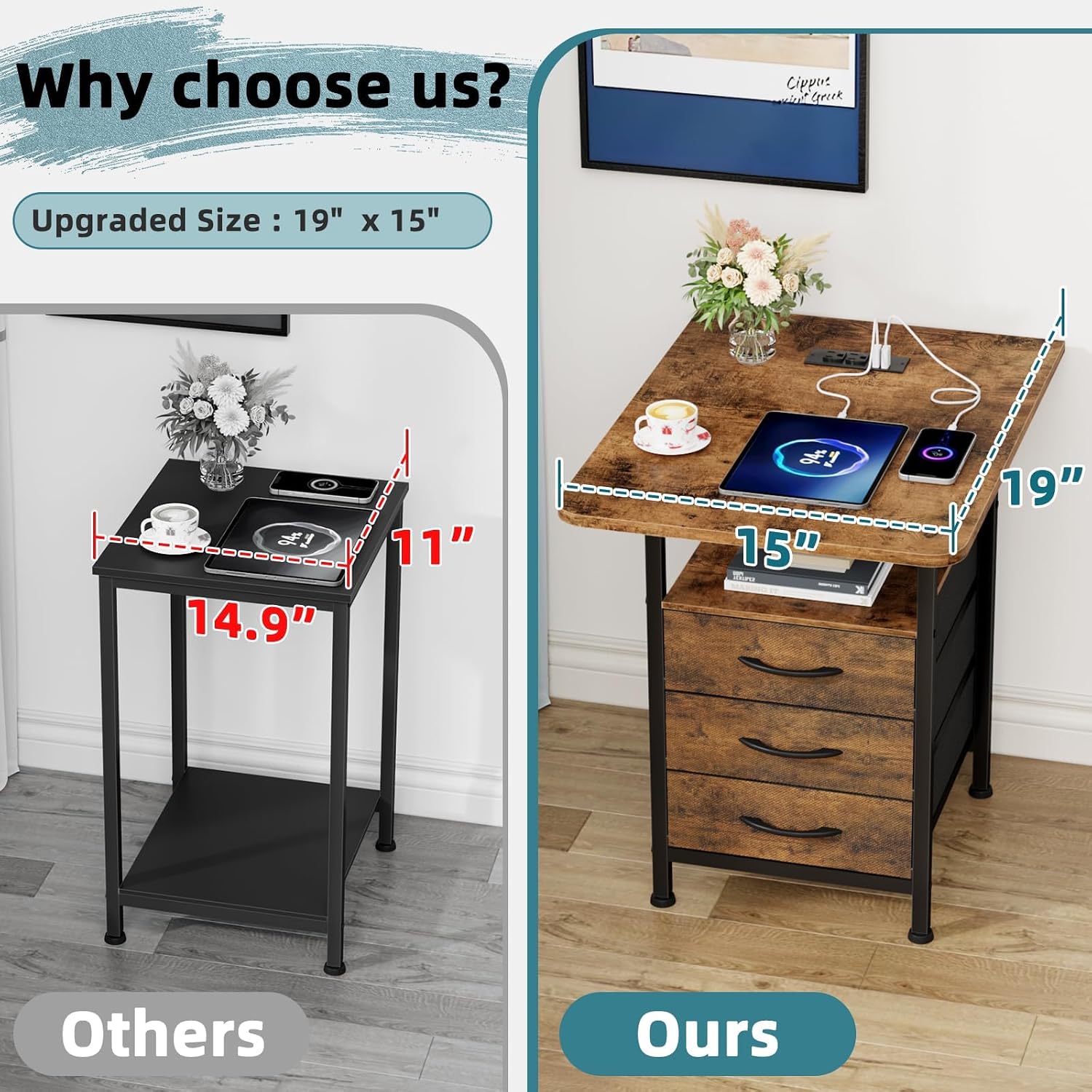 Detalle de GYIIYUO Nightstand Set of 2 with 19-inch Tabletop and Charging Station