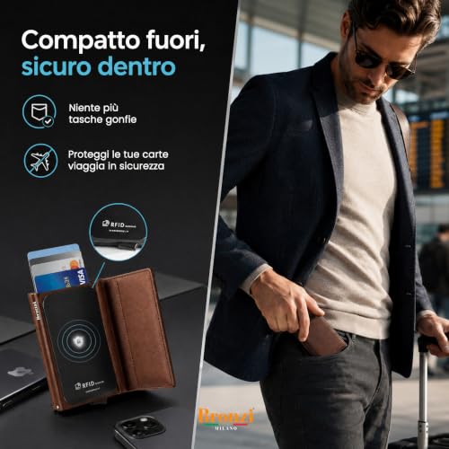 Detalle de Bronzi portafoglio portacarte slim in similpelle, RFID, marrone testa di moro