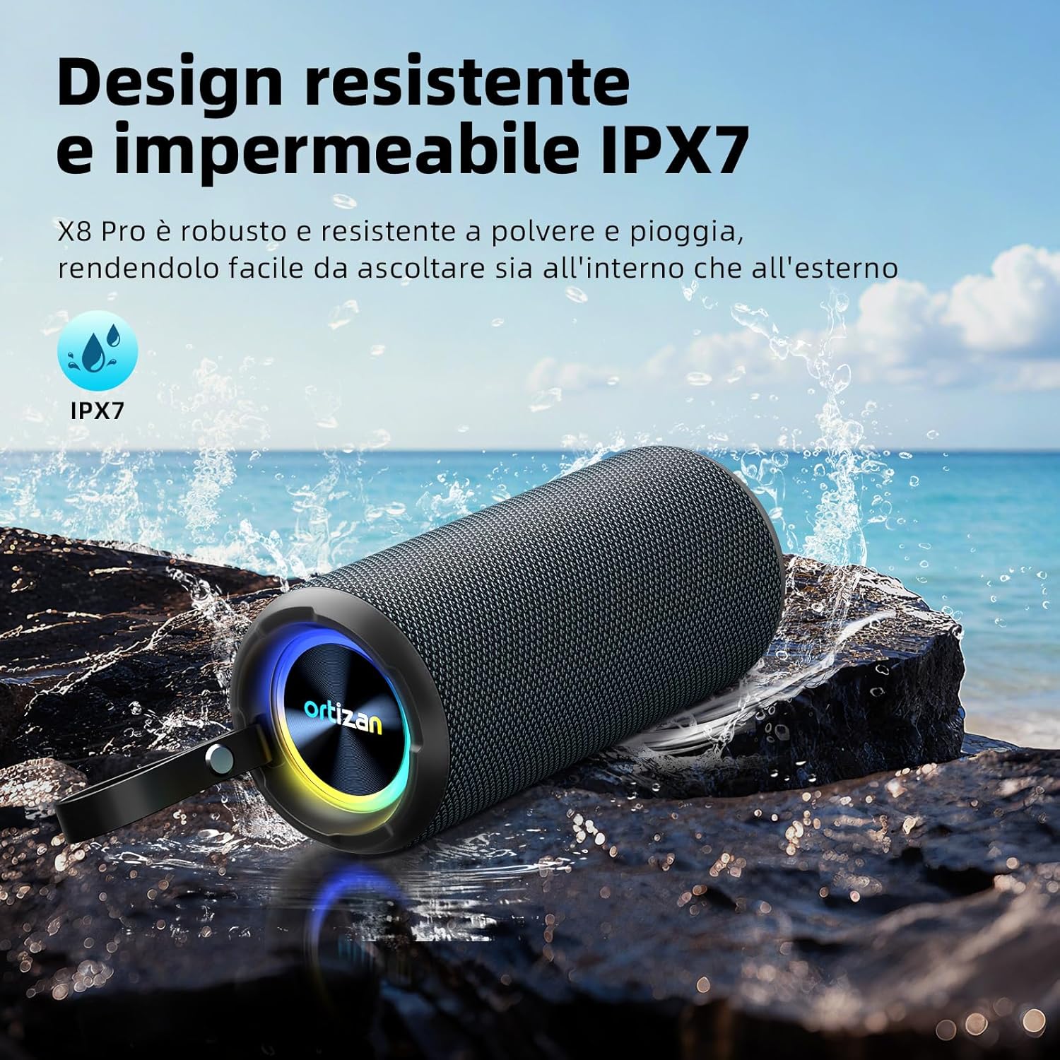 Detalle de Ortizan X8Pro: Cassa Bluetooth 40W, IPX7 e 30 Ore di Riproduzione per Feste