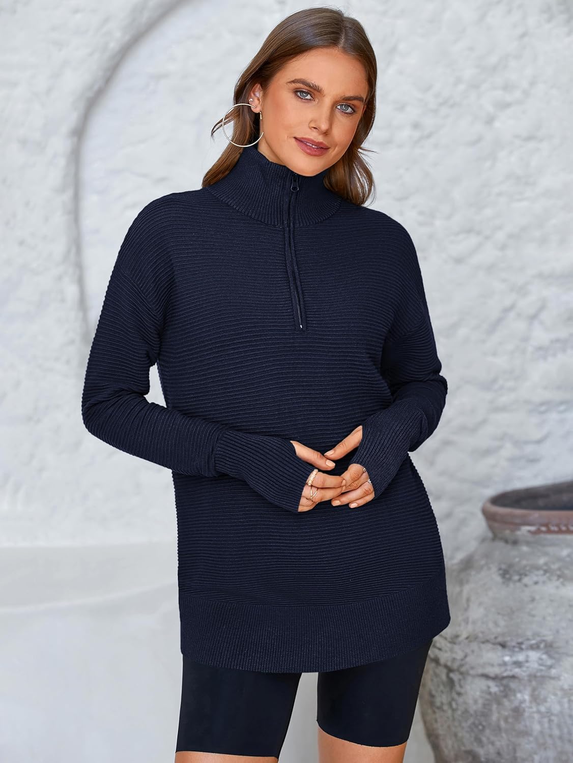 Thumbnail 3 de PRETTYGARDEN Womens Long Sleeve Quarter Zip Pullover Sweater with Thumb Holes