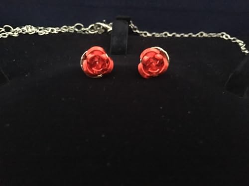 Detalle de ONDEGO Schmuckset Rot Blumen Silber – Collier, Ohrringe und Strass für Hochzeit und Fest