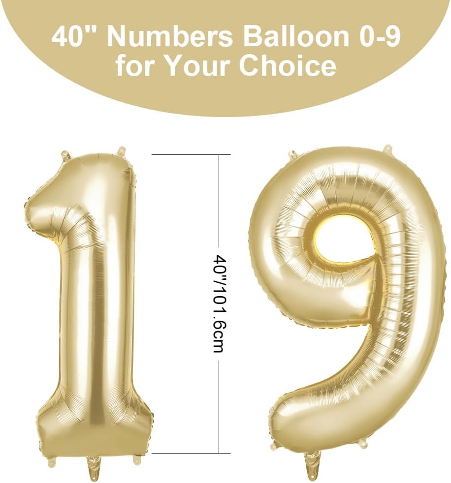 Detalle de OFFCUP Zahlen Luftballon 19 Geburtstag Gold Creme – Riesiger 101 cm Folienballon zur Deko