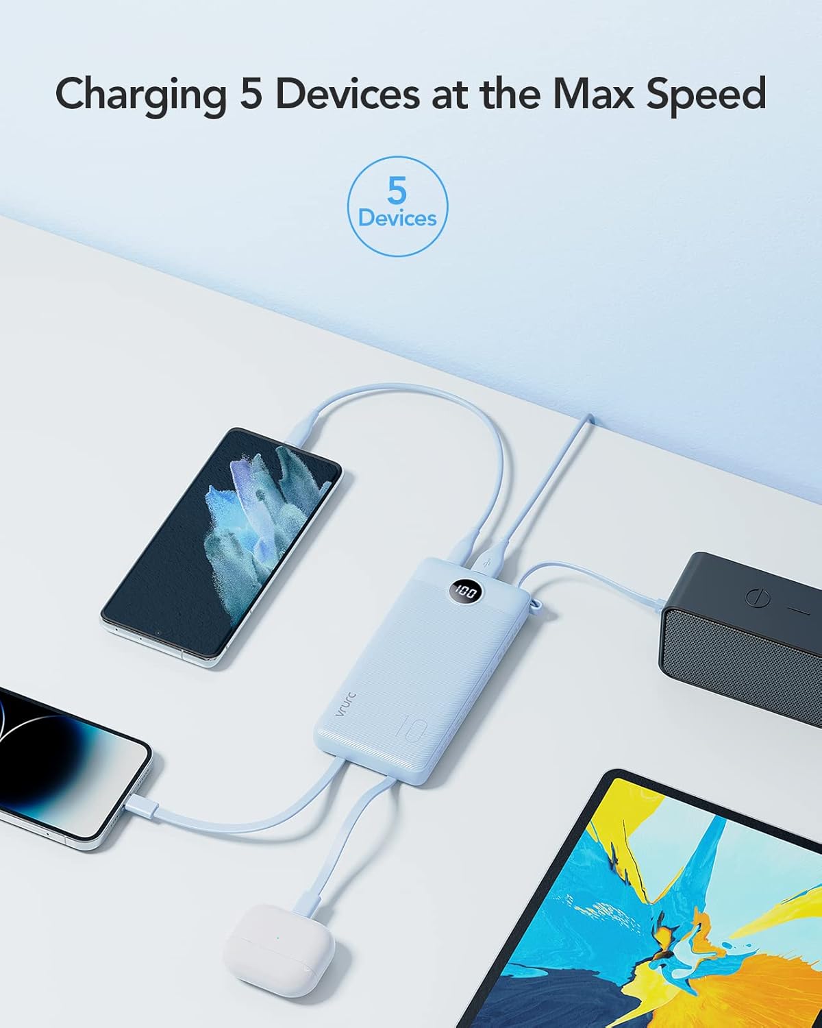 Thumbnail 2 de VRURC 10000mAh Power Bank with Built-in Cables and 5 Outputs