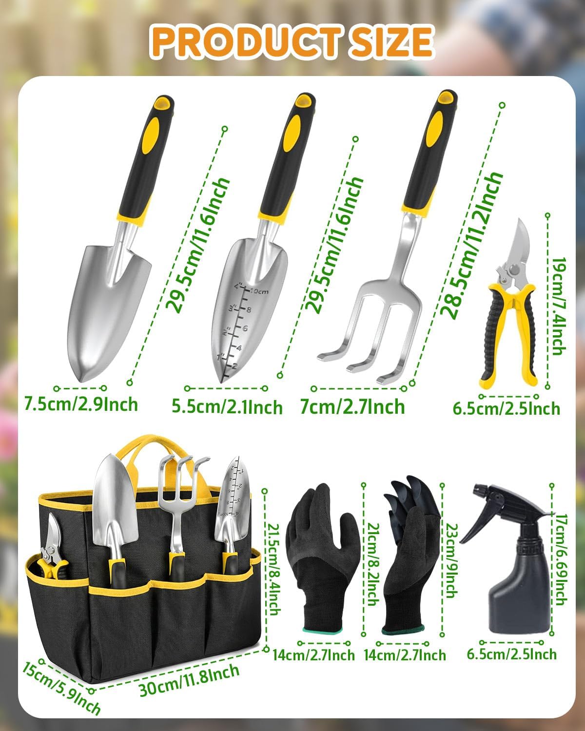 Thumbnail 3 de 7-Piece Garden Tools Set (Stainless Steel) with Storage Tote Bag, Black & Yellow