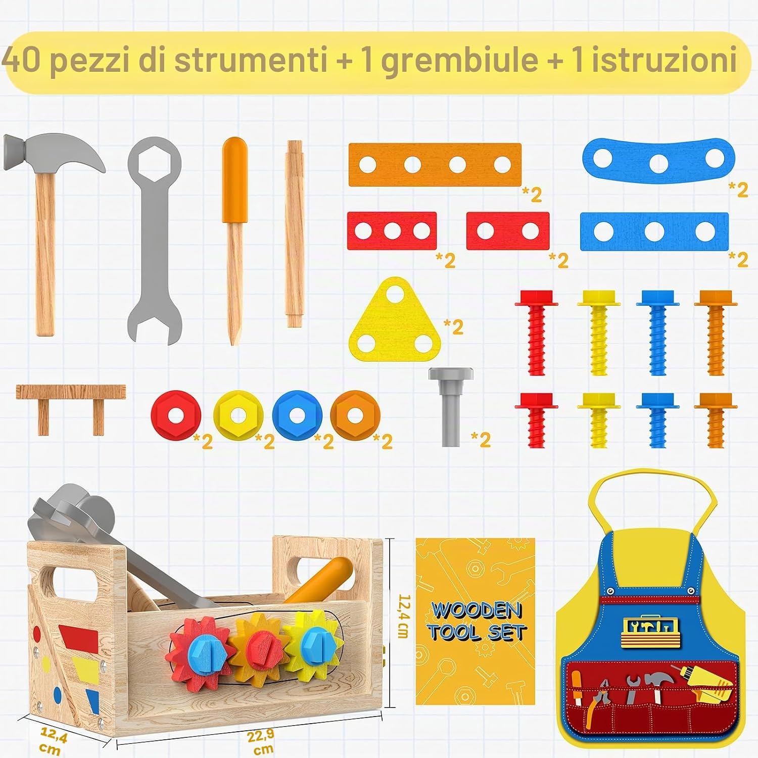 Detalle de Cassetta Attrezzi per Bambini in Legno con Banco Montessori e Grembiule – Set da 42 pezzi (2–4 anni)