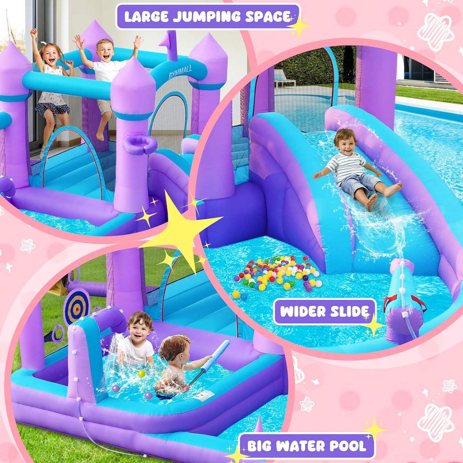 Thumbnail 1 de GYMMALL Water Bounce House with Slide (Kids 3–8) Purple Inflatable Castle with 480W Blower, Ball Pit & Water Play Set