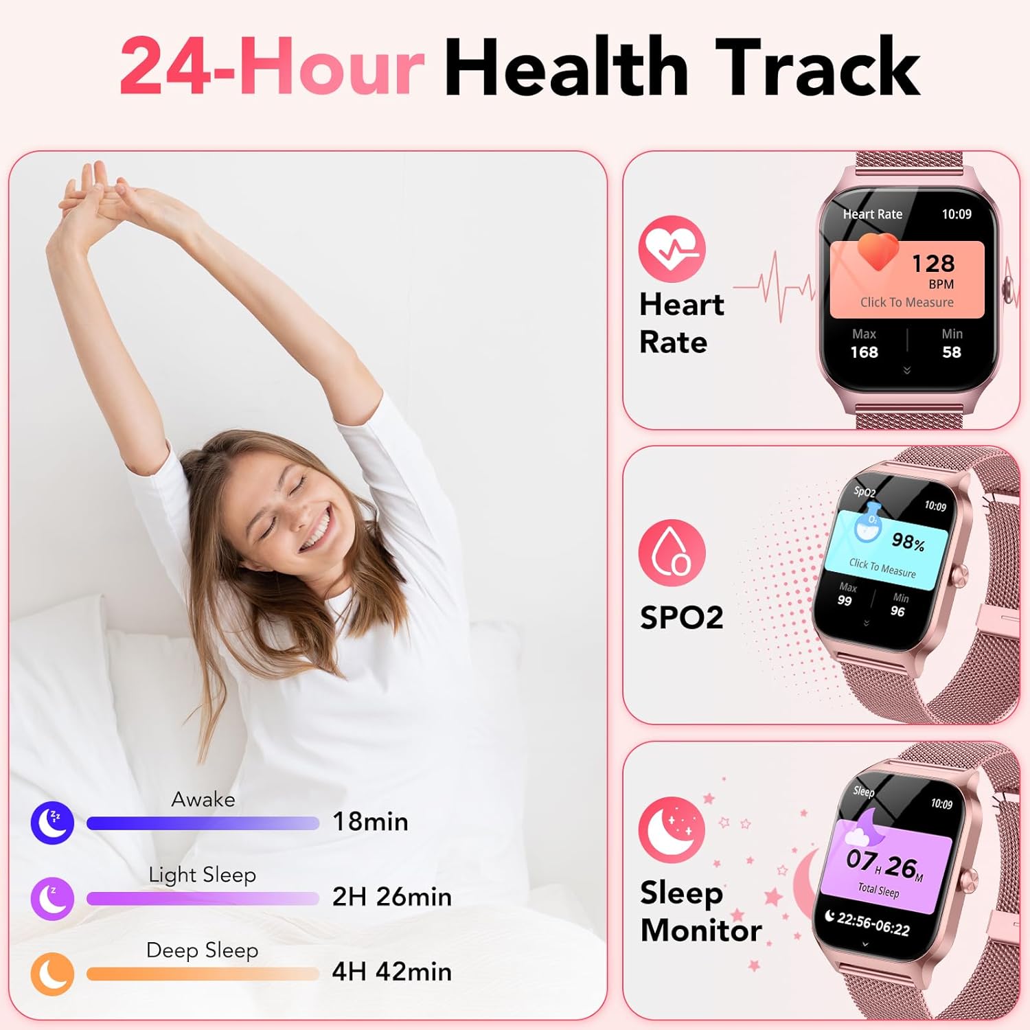 Thumbnail 4 de CASCHO Montre Connectée Femme Rose avec Appel Bluetooth et Santé 24/7
