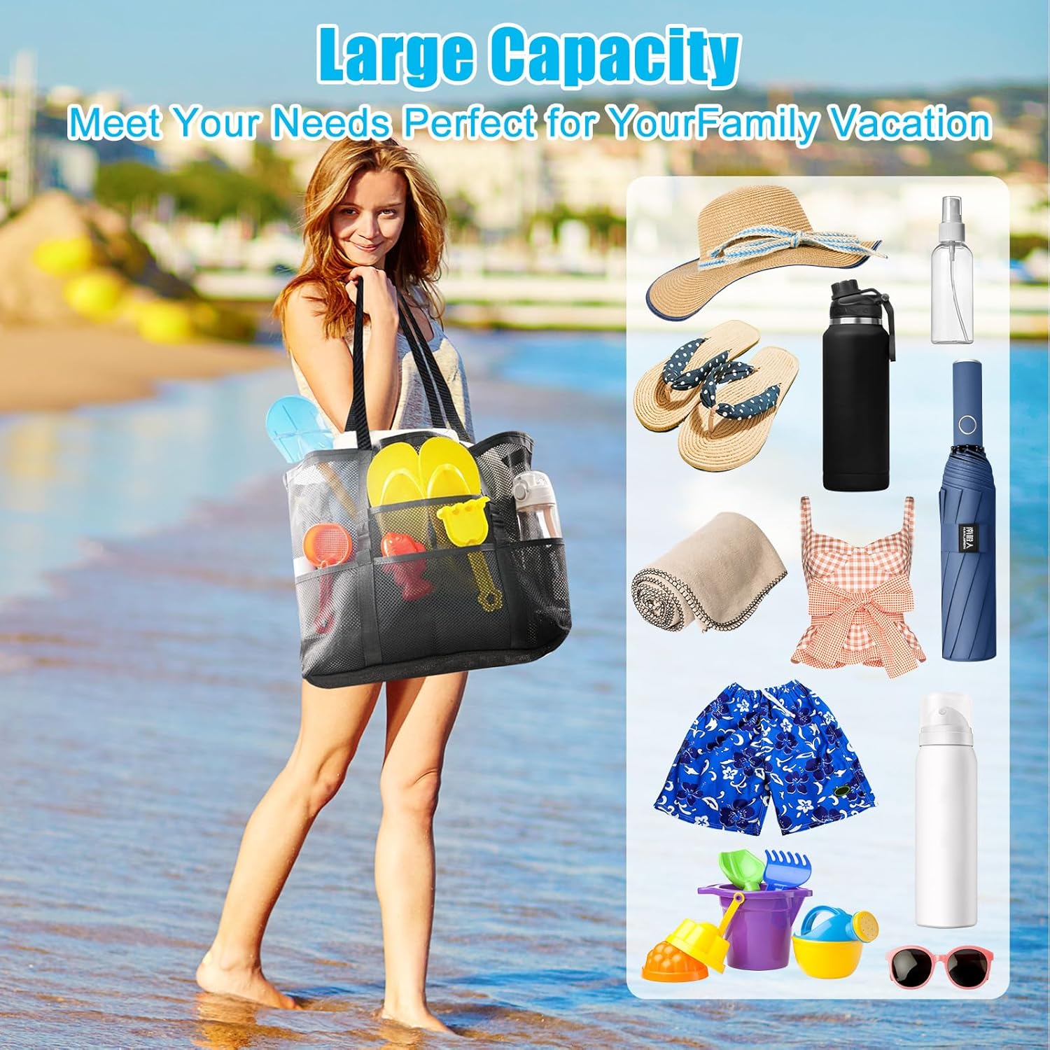 Detalle de 2er-Set Große Strandtasche für Damen – Netz-Design, Reißverschluss, Blau/Schwarz
