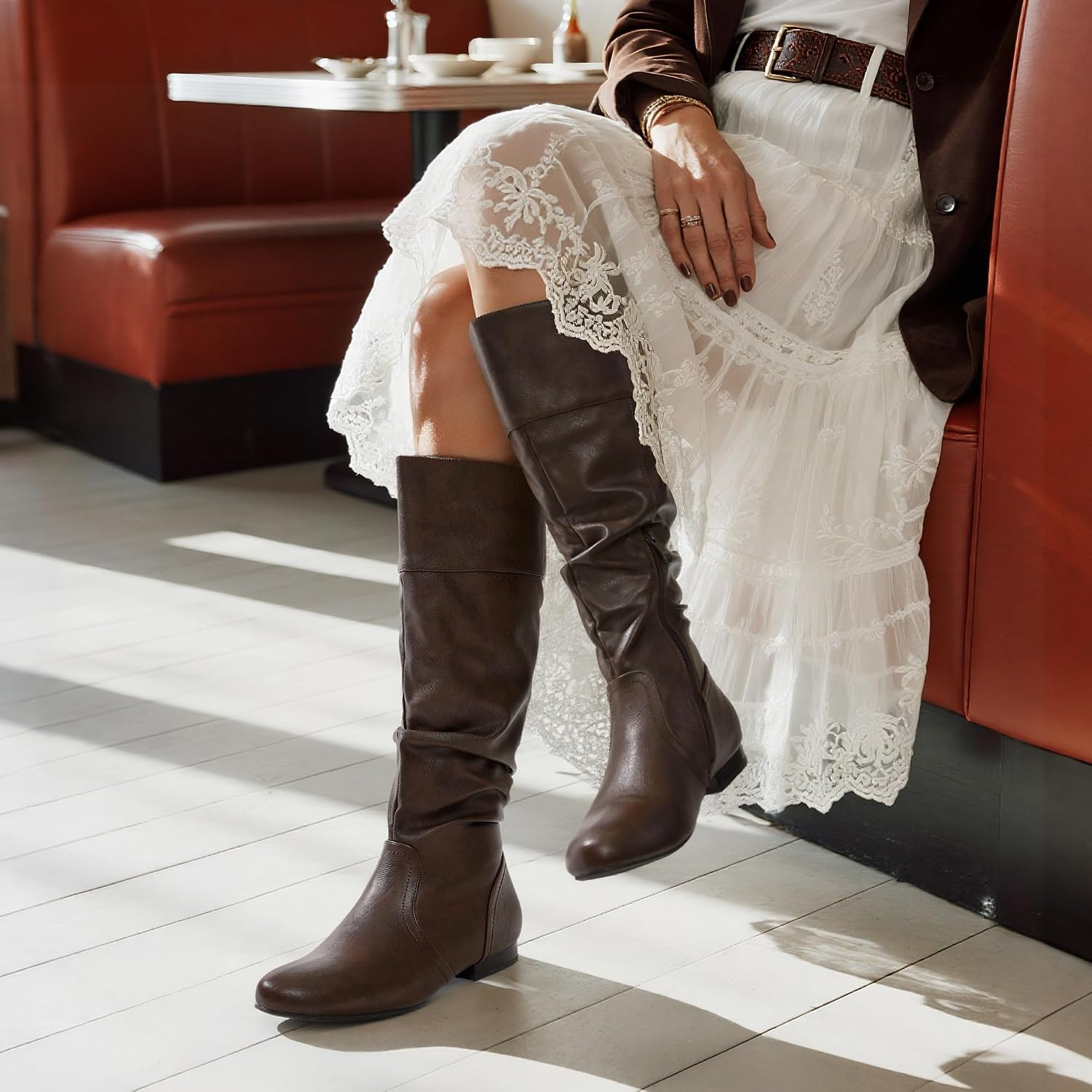 Detalle de DREAM PAIRS 38599-BLVD-8W-BLACK PU-SZ-8 Knee-High Slouch Boots, Faux-Fur Lined