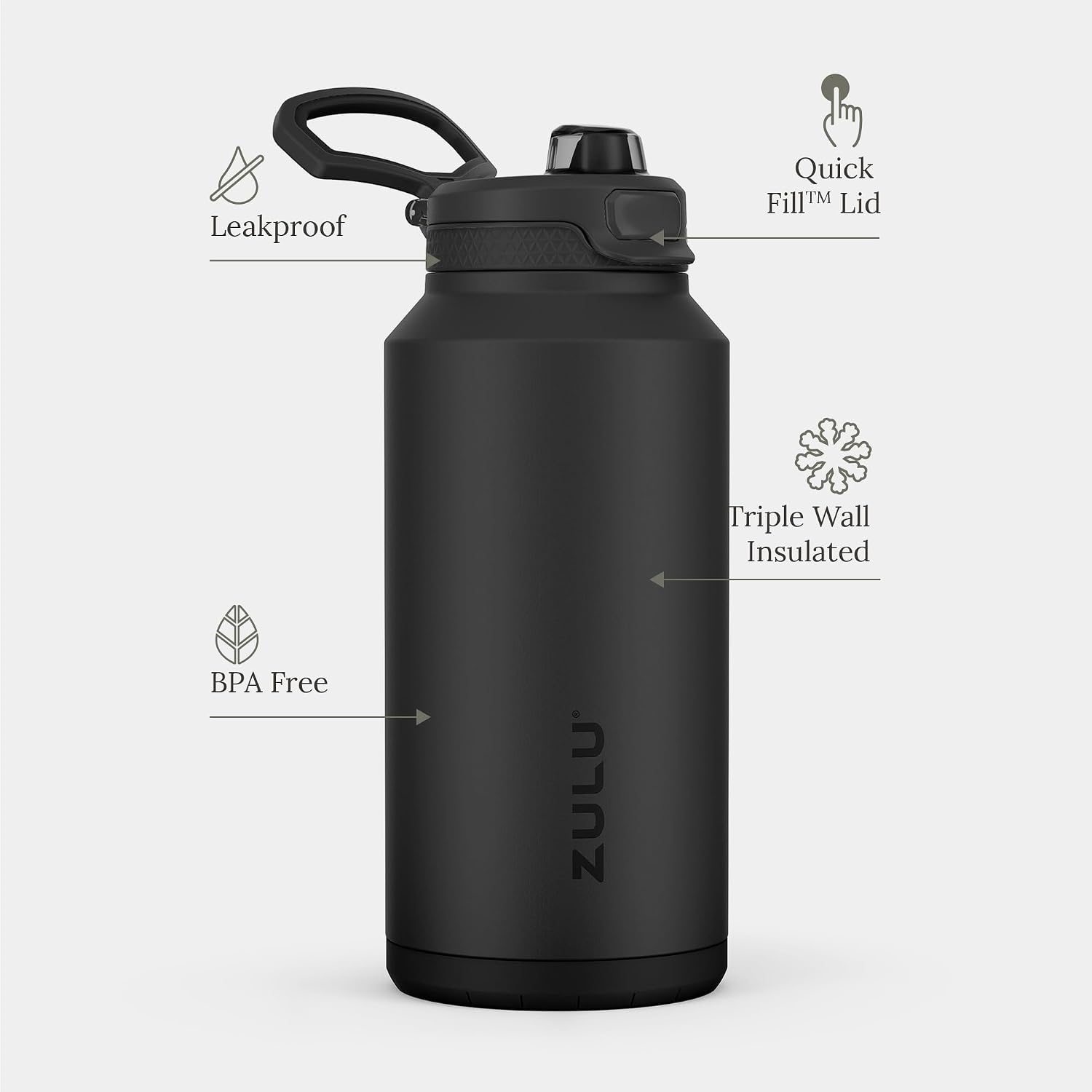 Detalle de Zulu Powerfill Pro 64oz Half Gallon Vacuum Insulated Water Bottle with Quick Fill Lid (Black Monochrome)