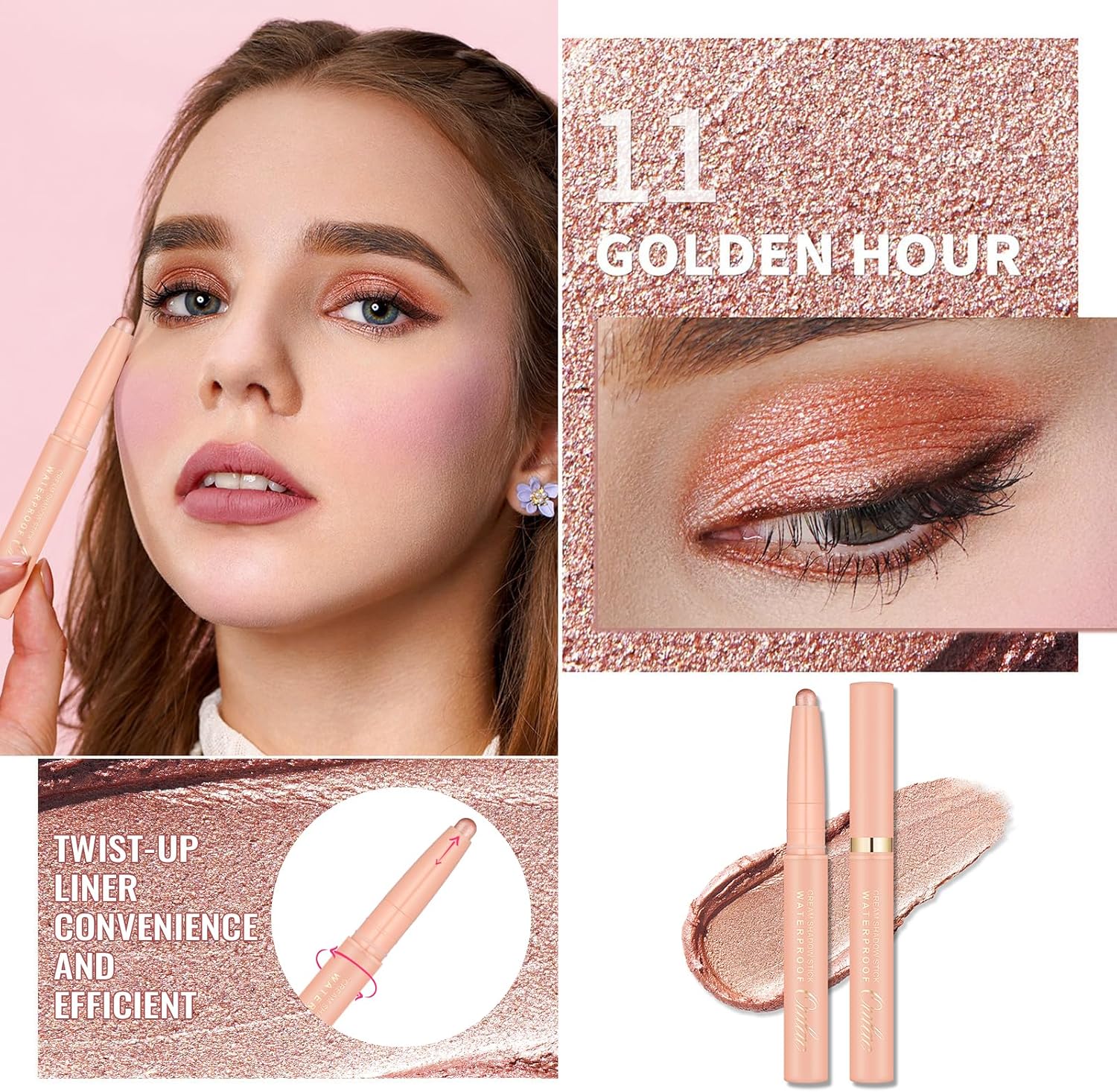 Thumbnail 2 de Oulac Matita Ombretto Girevole Nude Finitura Metallica – Impermeabile e a Prova di Sbavature, 11 Golden Hour