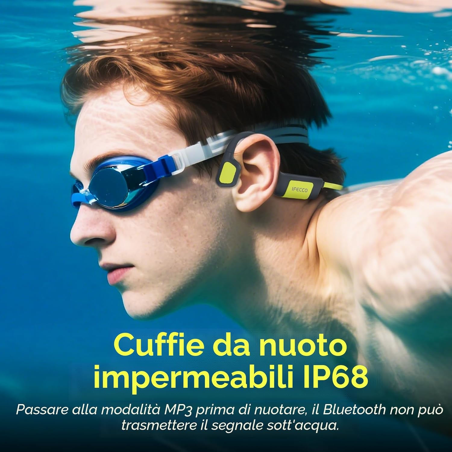 Detalle 2 de IFECCO Cuffie Conduzione Ossea per Nuoto IP68 con Bluetooth 5.4 e lettore MP3 da 32 GB