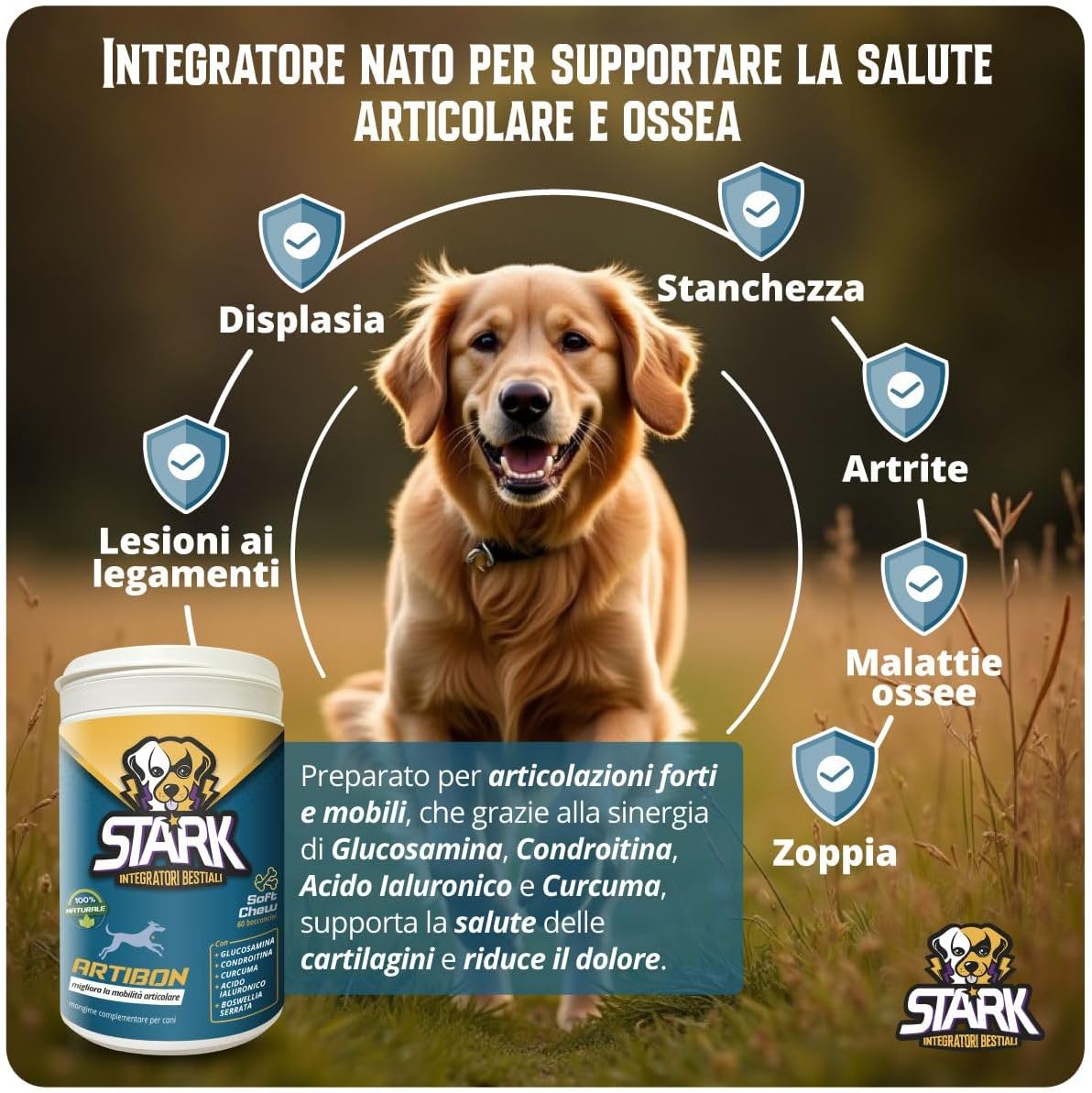 Thumbnail 1 de Stark Artibon – Integratore per articolazioni del cane con acido ialuronico, glucosamina, condroitina, MSM e curcuma (60 bocconcini)