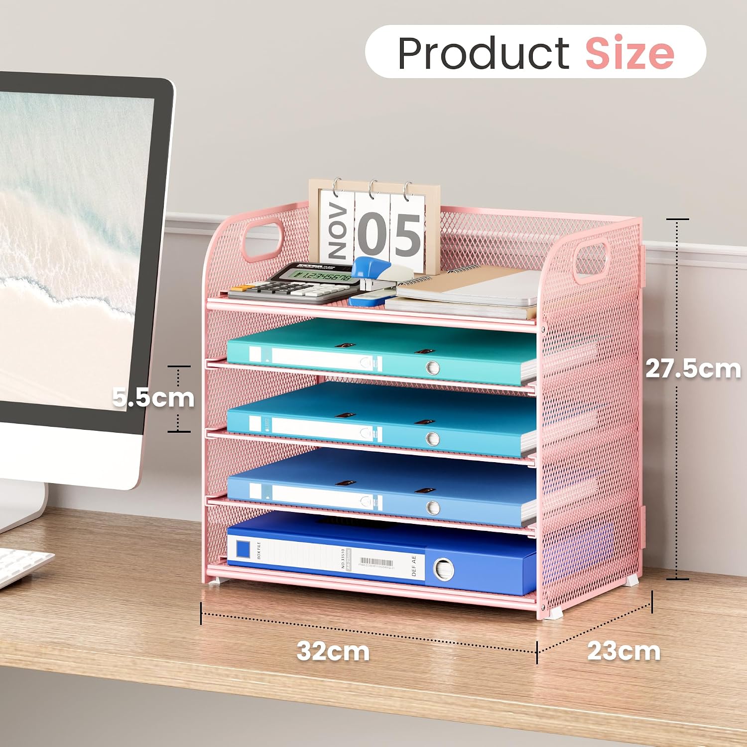 Detalle 2 de SUBEKYU 5-Tier Metal Mesh Desk Organizer with Handle, Sliding Letter Tray, Pink
