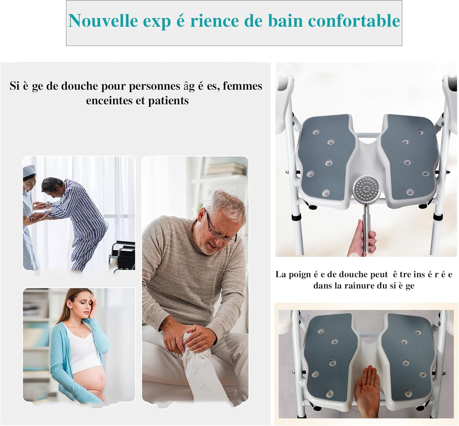 Detalle 2 de Chaise de douche pliable antidérapante pour seniors (tabouret de douche réglable en hauteur)