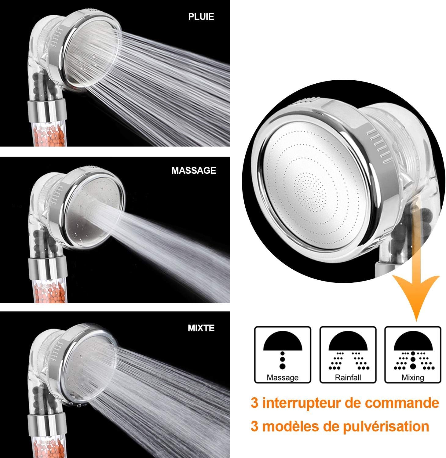 Thumbnail 4 de Pommeau de douche Magichome à 3 niveaux anti-calcaire, filtration ionique et 3 modes