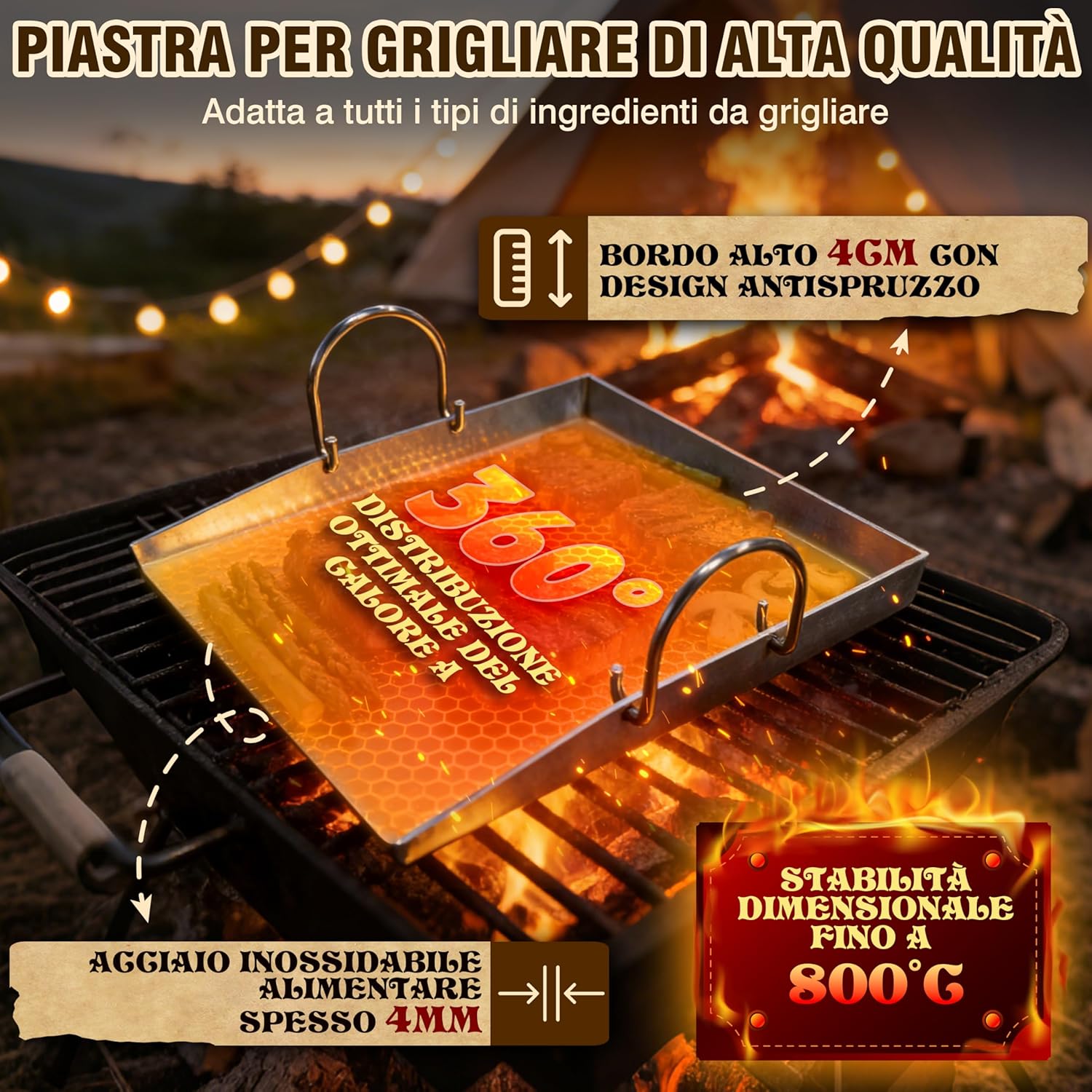 Detalle de JONRRYIN Piastra in Acciaio Inox 40 × 30 cm per BBQ a Gas o Carbone con 2 Spatole e Manico Rimovibile