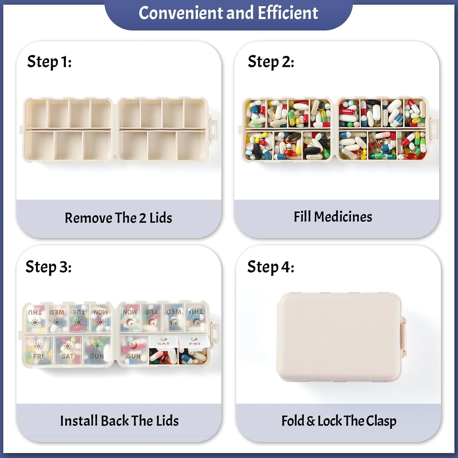 Detalle de NEW Foldable & Double Protection Weekly Pill Organizer with Etched Labels (Khaki)