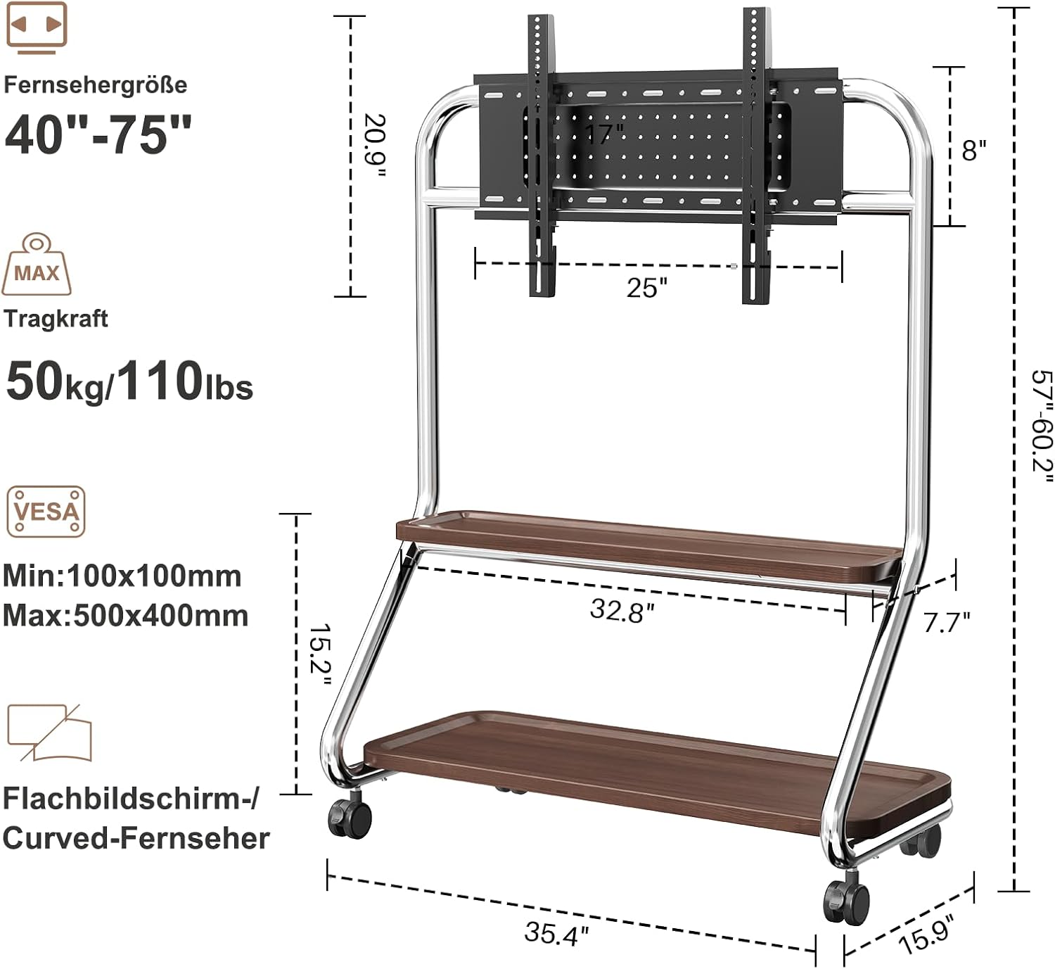 Detalle de TV-Ständer mit Rollen für 40–75 Zoll Fernseher bis 50 kg – höhenverstellbar, universell, Silber