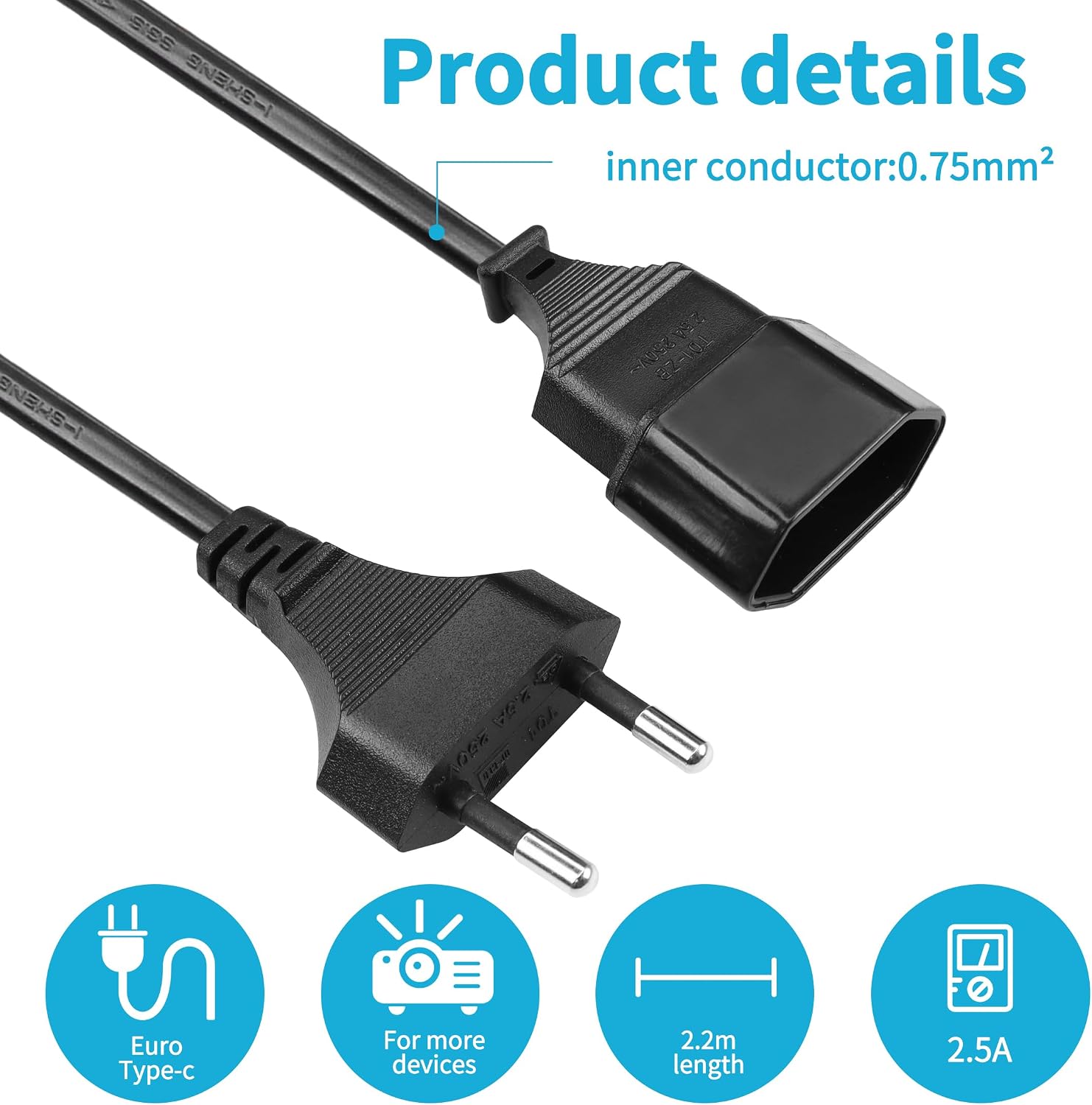 Detalle de YACSEJAO Euro Verlängerung: Typ-C auf Euro-Stecker, 40 cm, 0,75 mm²