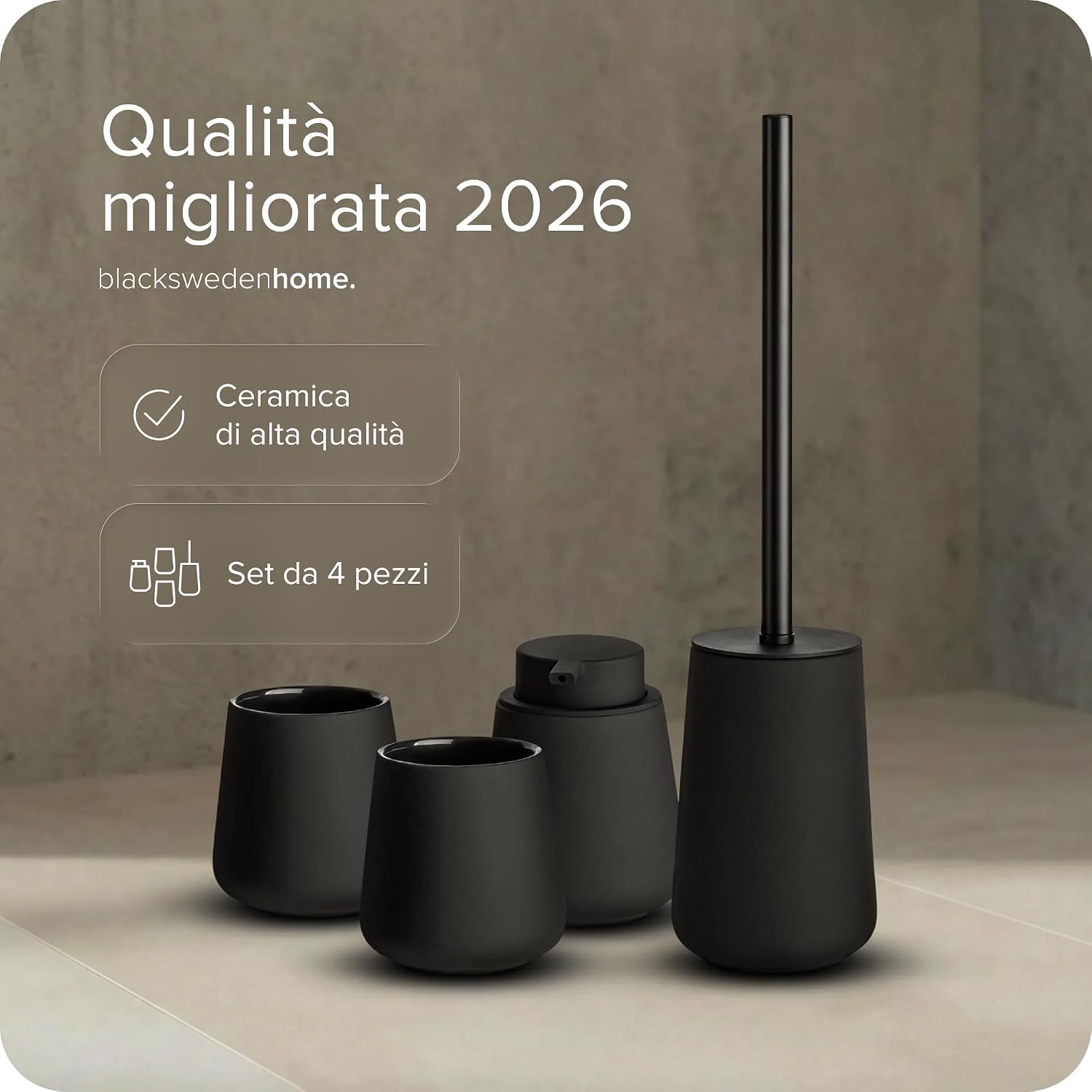 Thumbnail 1 de Black Sweden Home Set bagno completo in ceramica nera opaca (4 pezzi) con dispenser sapone e spazzola WC rimovibile