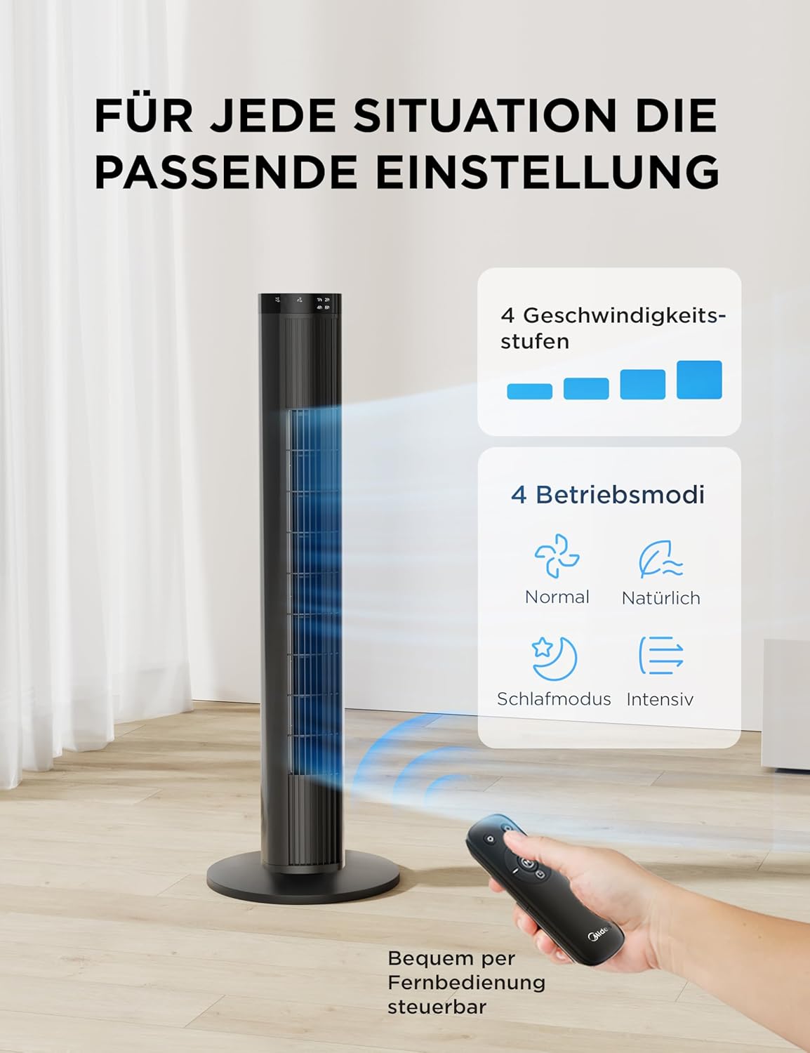 Detalle de Midea Turmventilator FZ10-26MR(BL): leise, stark und zeitgesteuert für Schlaf- und Arbeitsräume