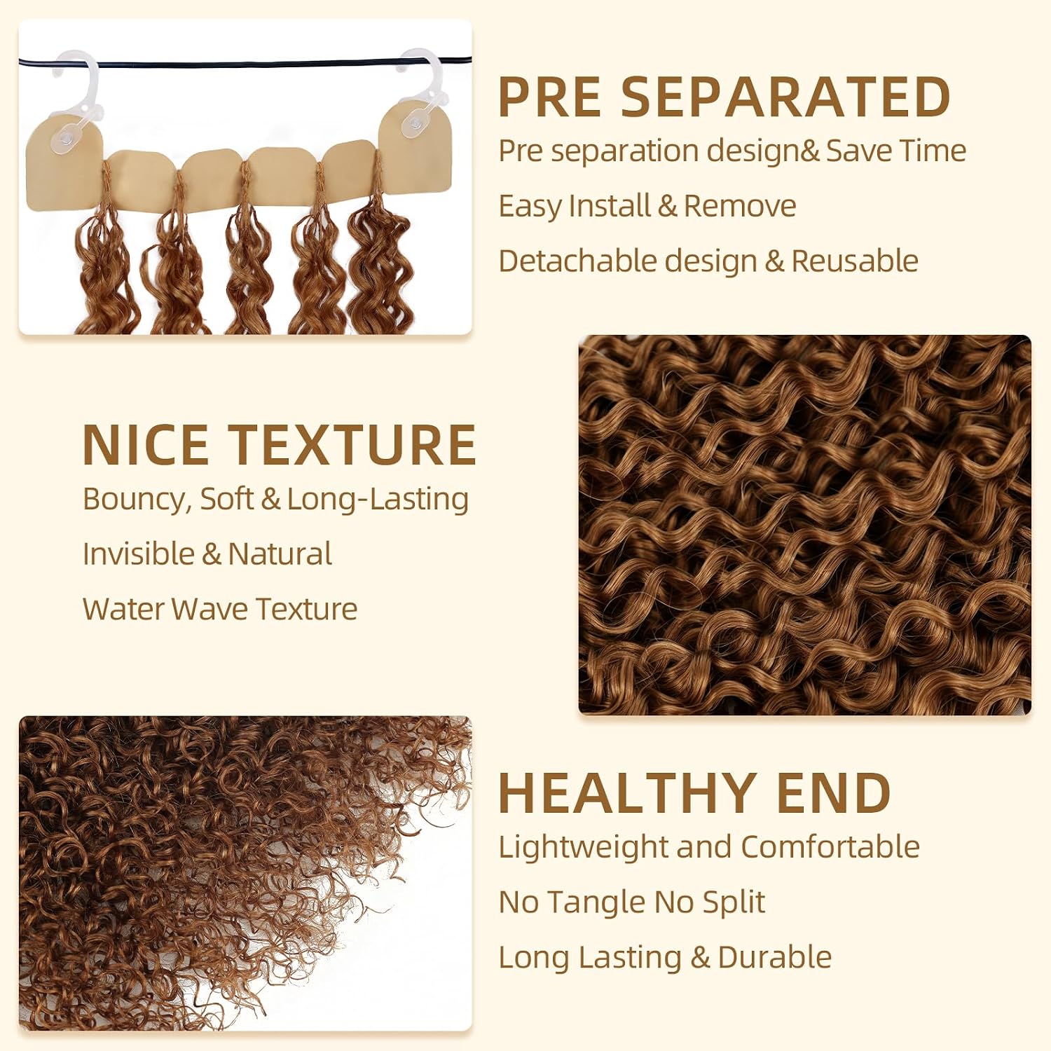 Detalle de Human Crochet Hair for Black Women — 18 Inch Water Wave Bundles, Pre-Separated 50 Strands, 60g, Knotless Invisible Miracle Knots
