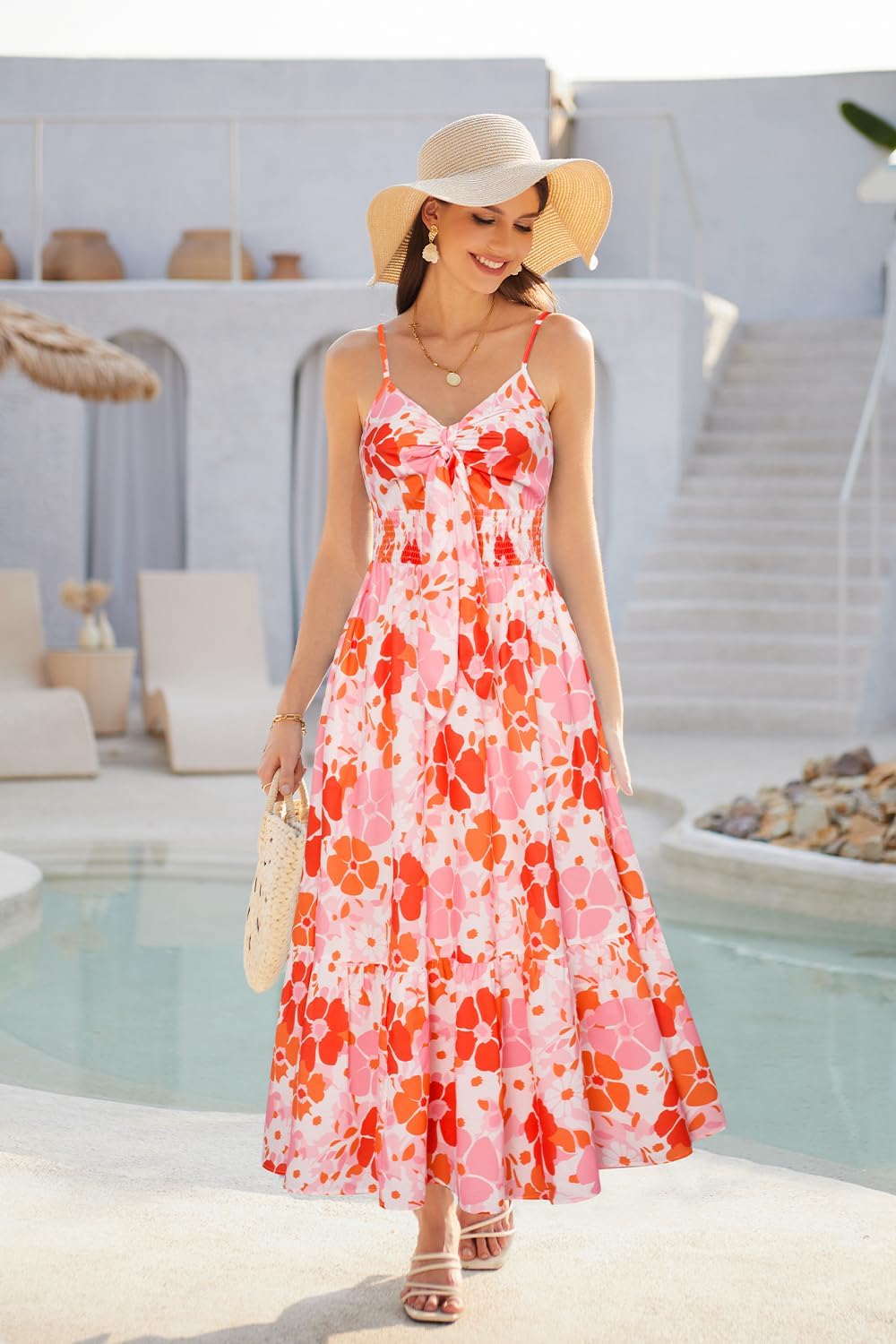 Detalle de GRACE KARIN Women's Summer Floral Maxi Dress - Boho Chiffon-Feel Flow, Adjustable Tie, Pockets