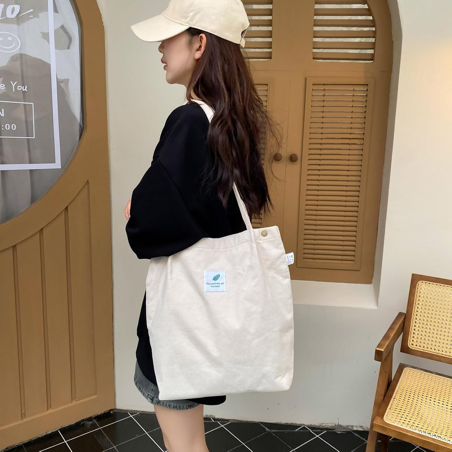 Thumbnail 2 de Funtlend Umhängetasche Damen Groß aus Cord mit gefütterter Jute – Shopper für Uni, Arbeit & Schule (Braun)