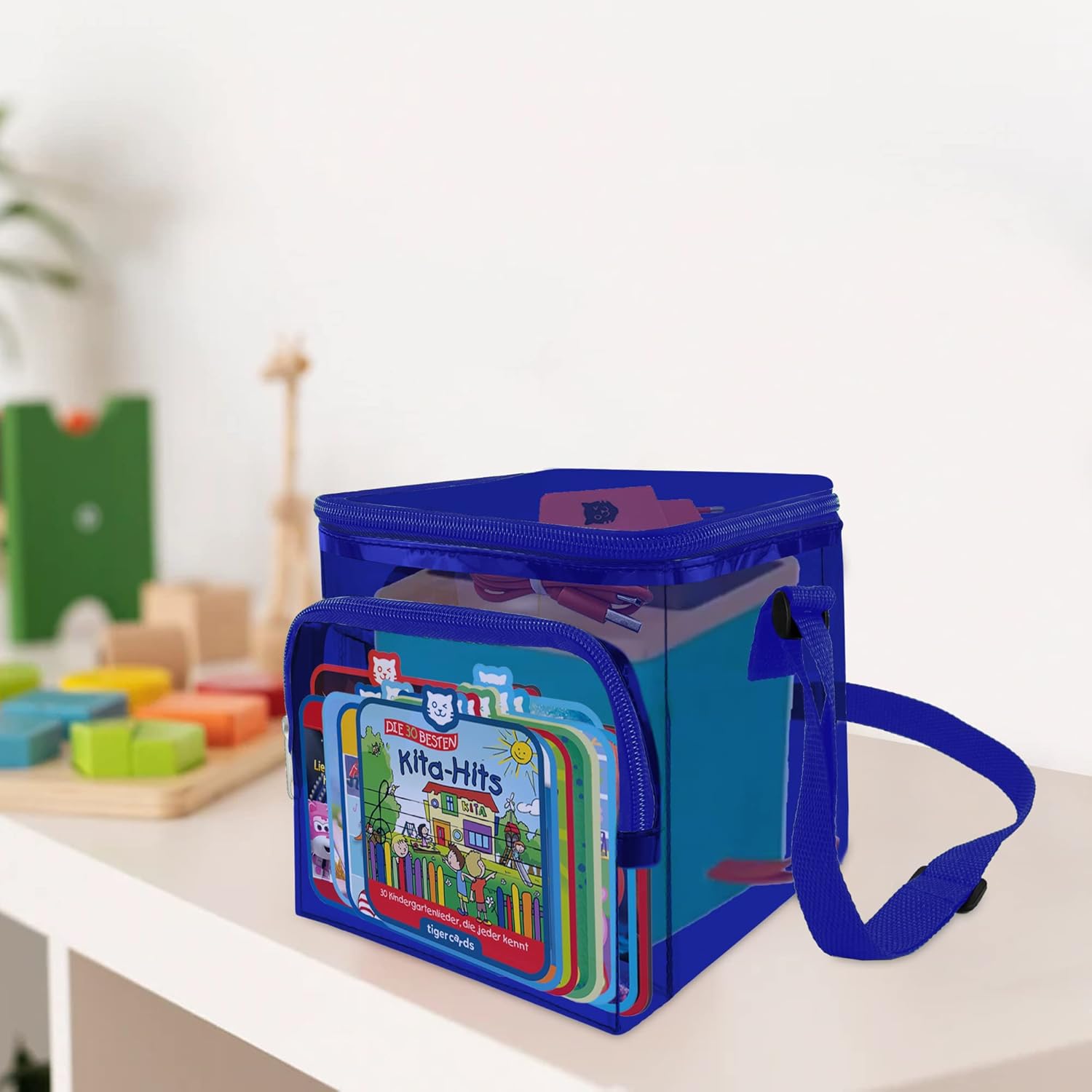 Detalle de Clear Storage Display Bag for Toniebox and Characters (Blue) — Versatile, Transparent Storage with Dual Compartments