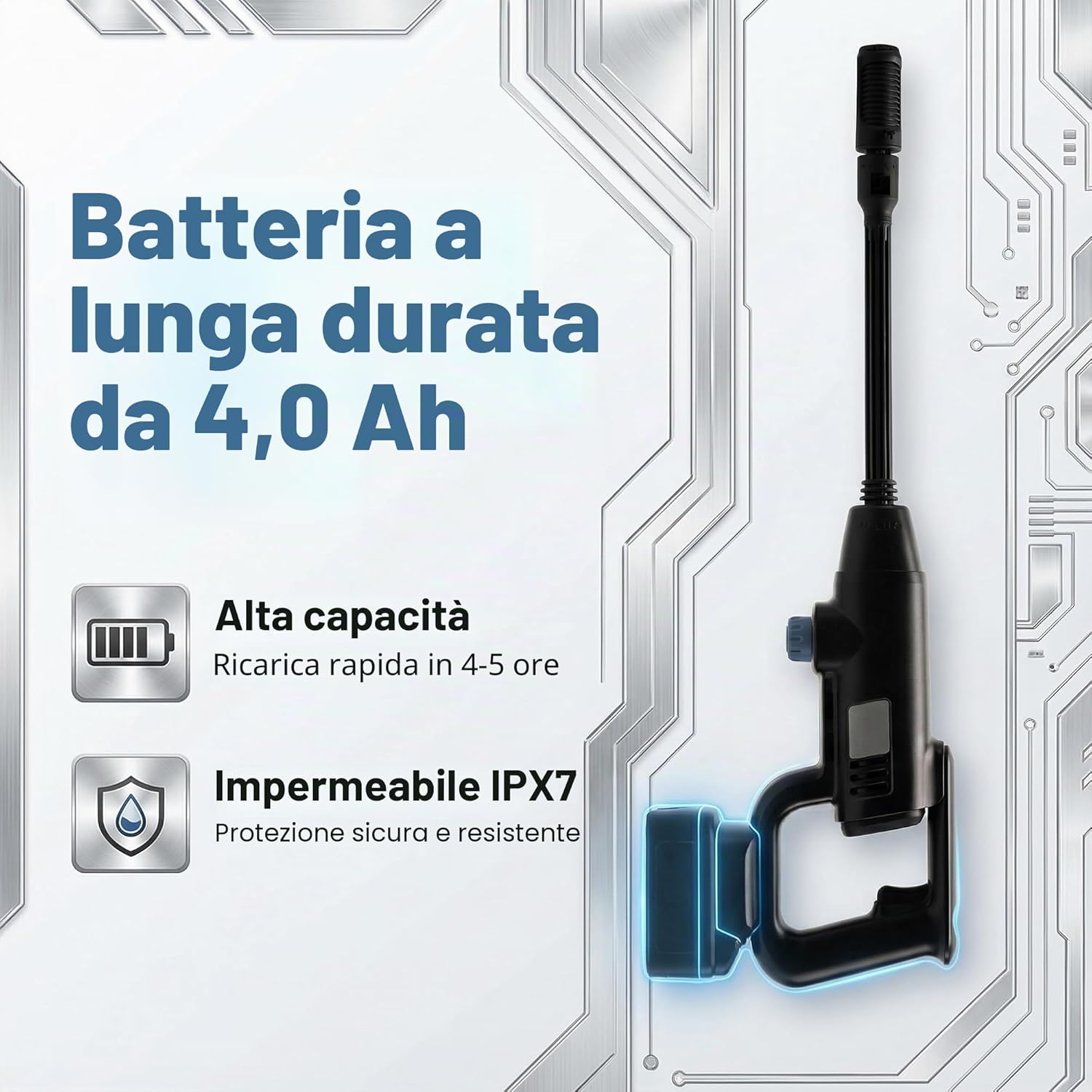 Detalle 2 de Gtremulent idropulitrice a batteria portatile 1087 PSI (senza filo) con batteria 21V 4,0Ah e bocchetta regolabile a 3 livelli