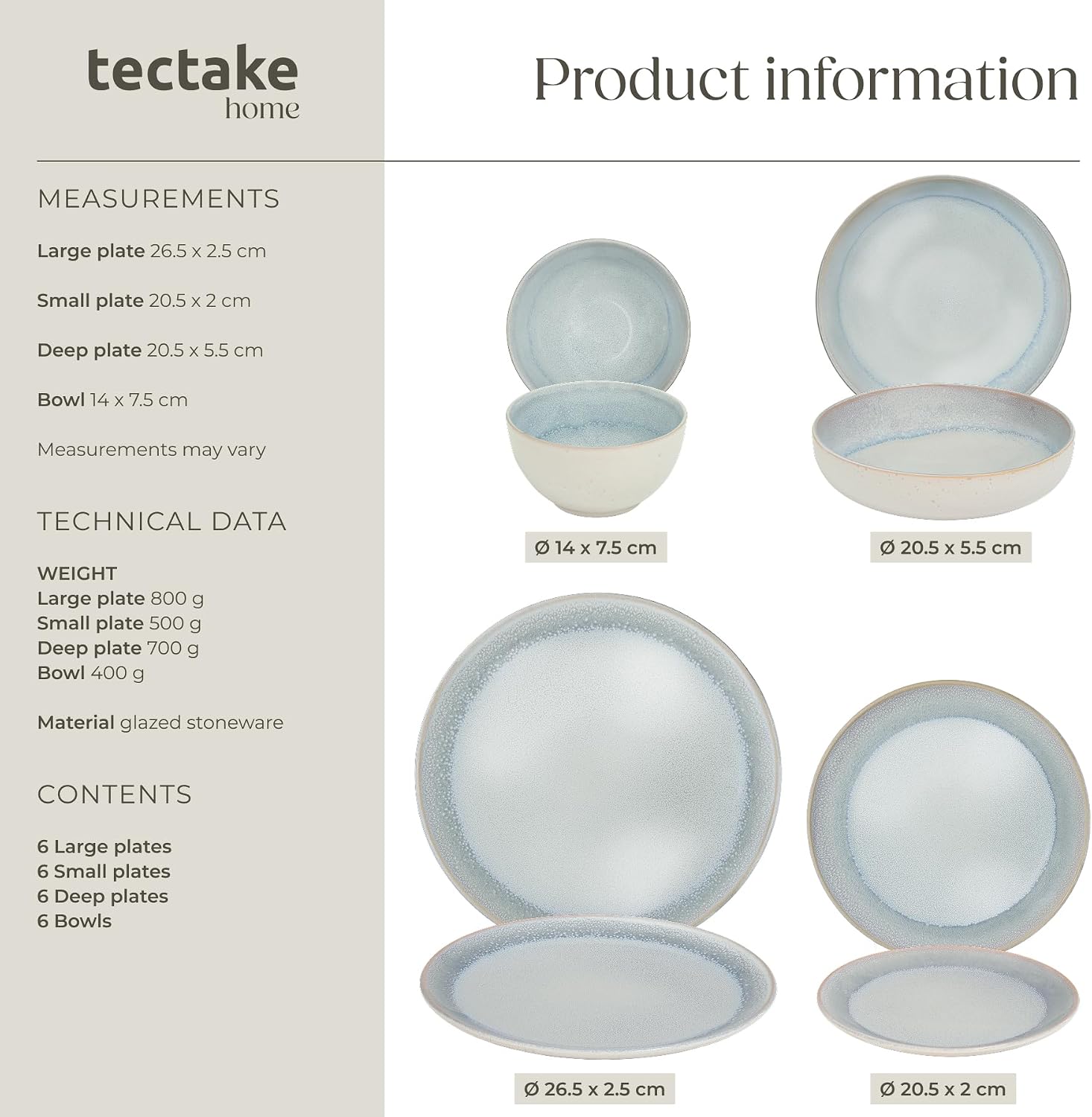 Detalle 2 de tectake Mare 406211 servisset i glaserat lergods, 24 delar för 6 personer